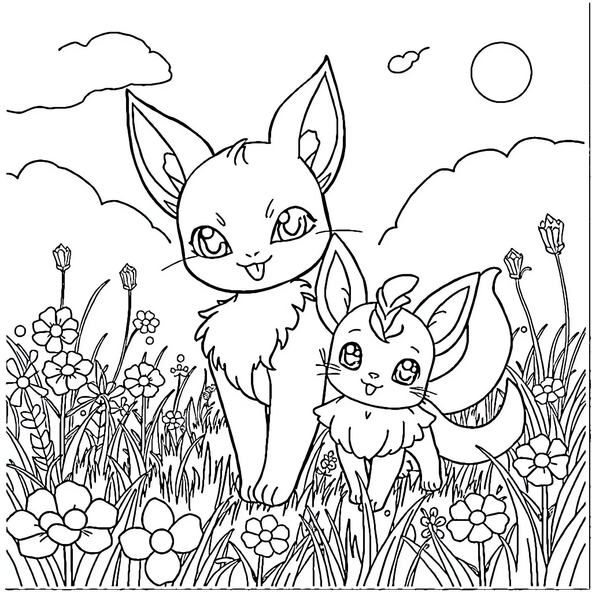 Sprigatito exploring a whimsical floral landscape Coloring Page (free black-and-white line drawing printable PDF for all, from beginners to advanced learners, including children, teens, adults, and seniors)