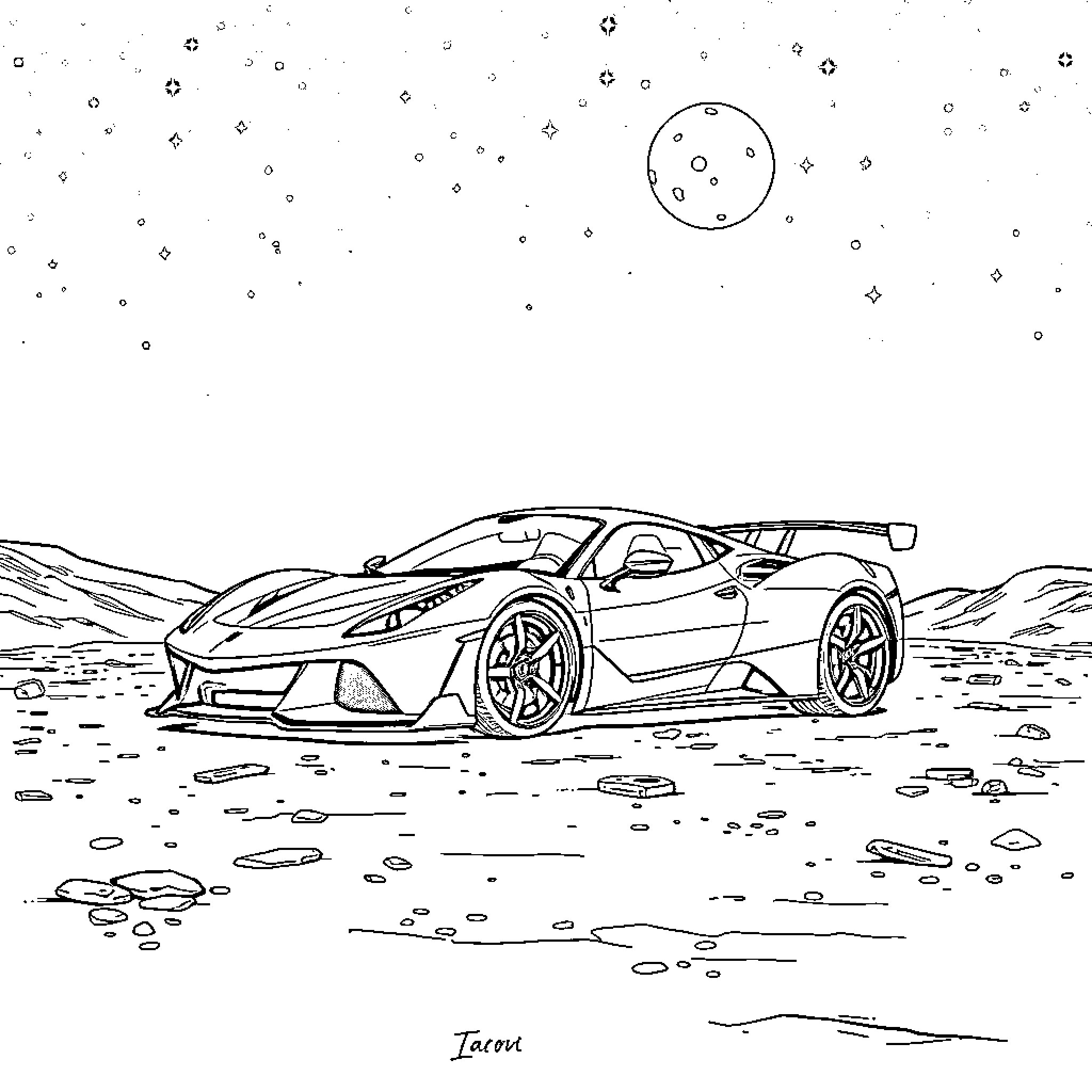Sports Car in Rugged Terrain Coloring Page (free black-and-white line drawing printable PDF for all, from beginners to advanced learners, including children, teens, adults, and seniors)