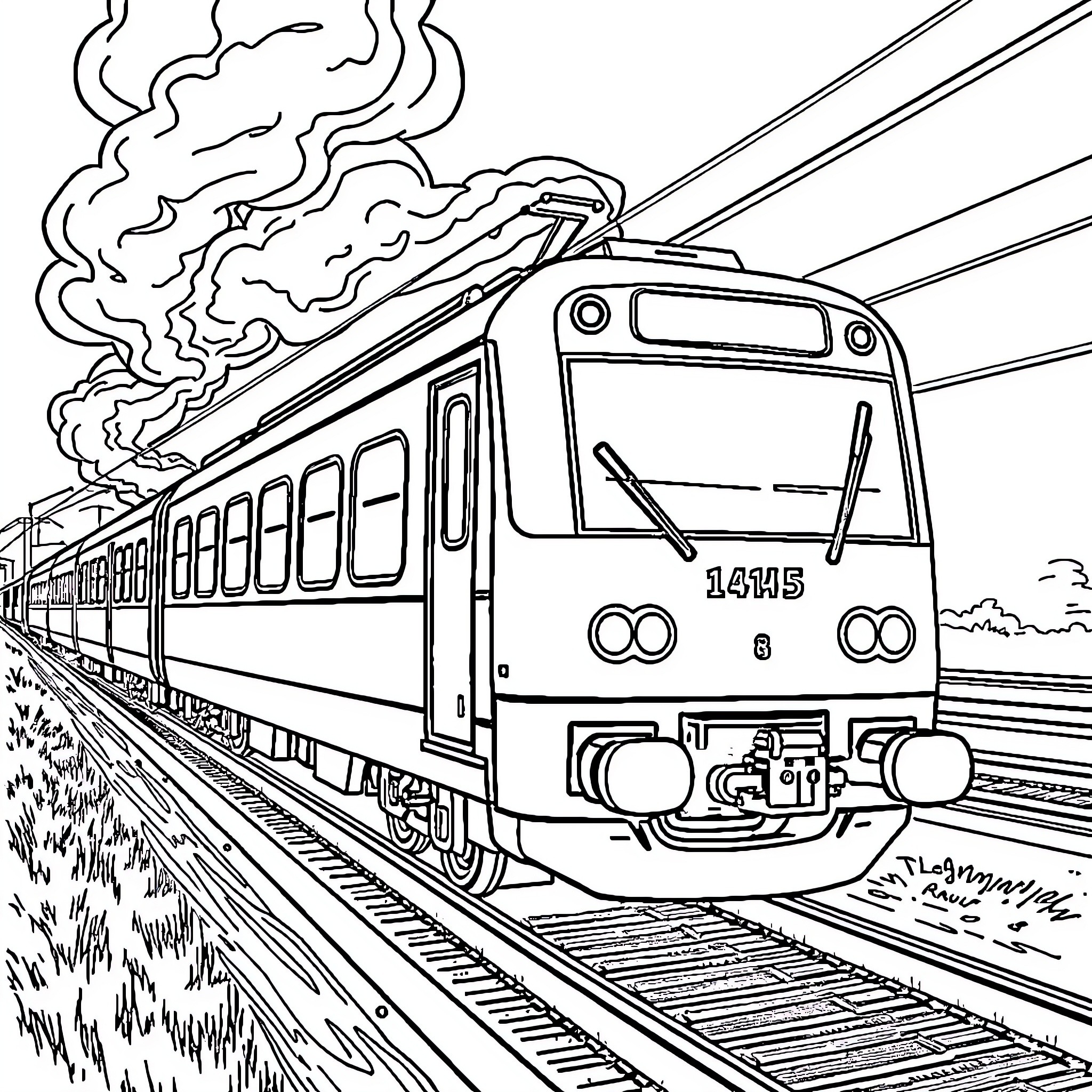 Chase the High-Speed Train on the Tracks Coloring Page (free black-and-white line drawing printable PDF for all, from beginners to advanced learners, including children, teens, adults, and seniors)