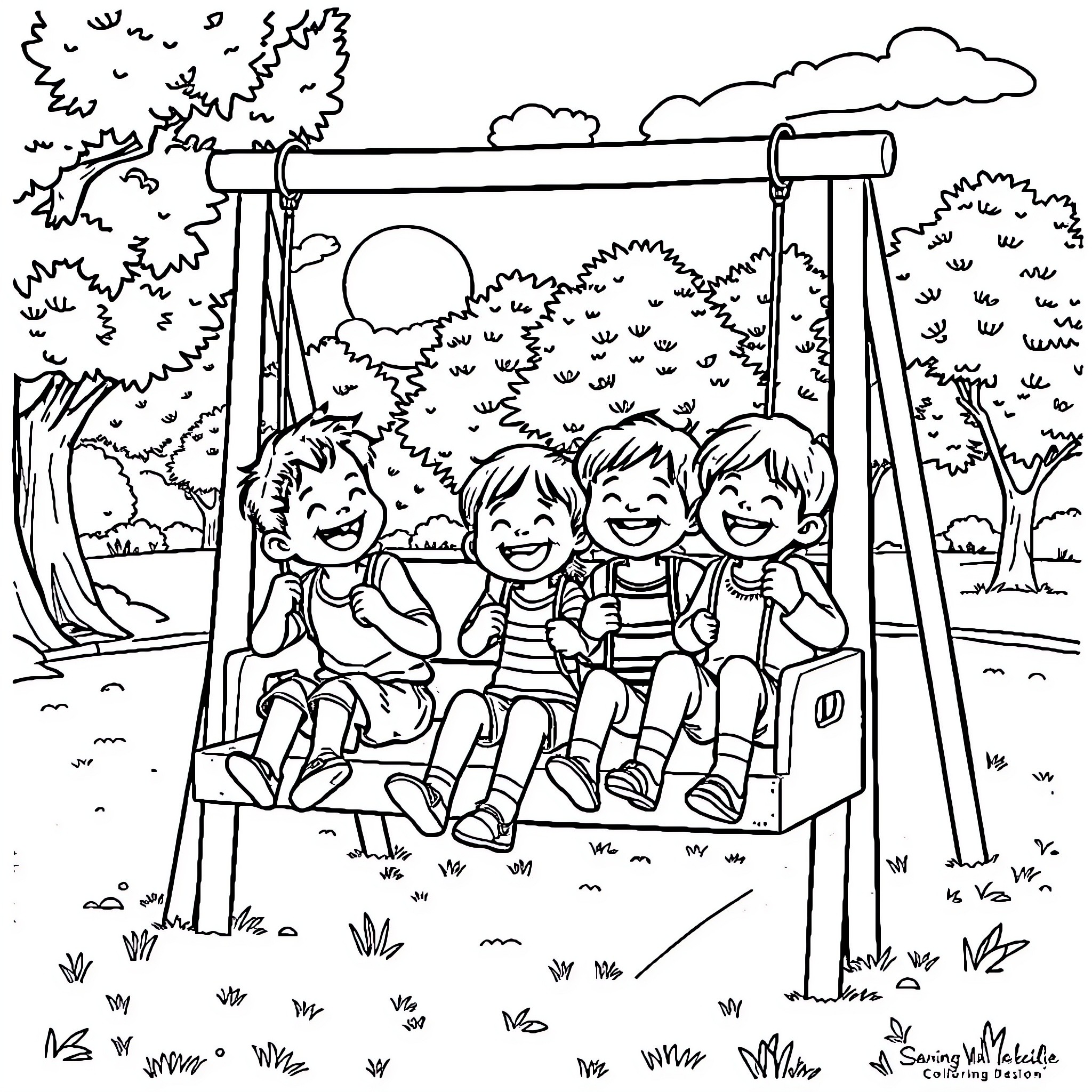 Kid friends enjoying swing ride in park Coloring Page (free black-and-white line drawing printable PDF for all, from beginners to advanced learners, including children, teens, adults, and seniors)