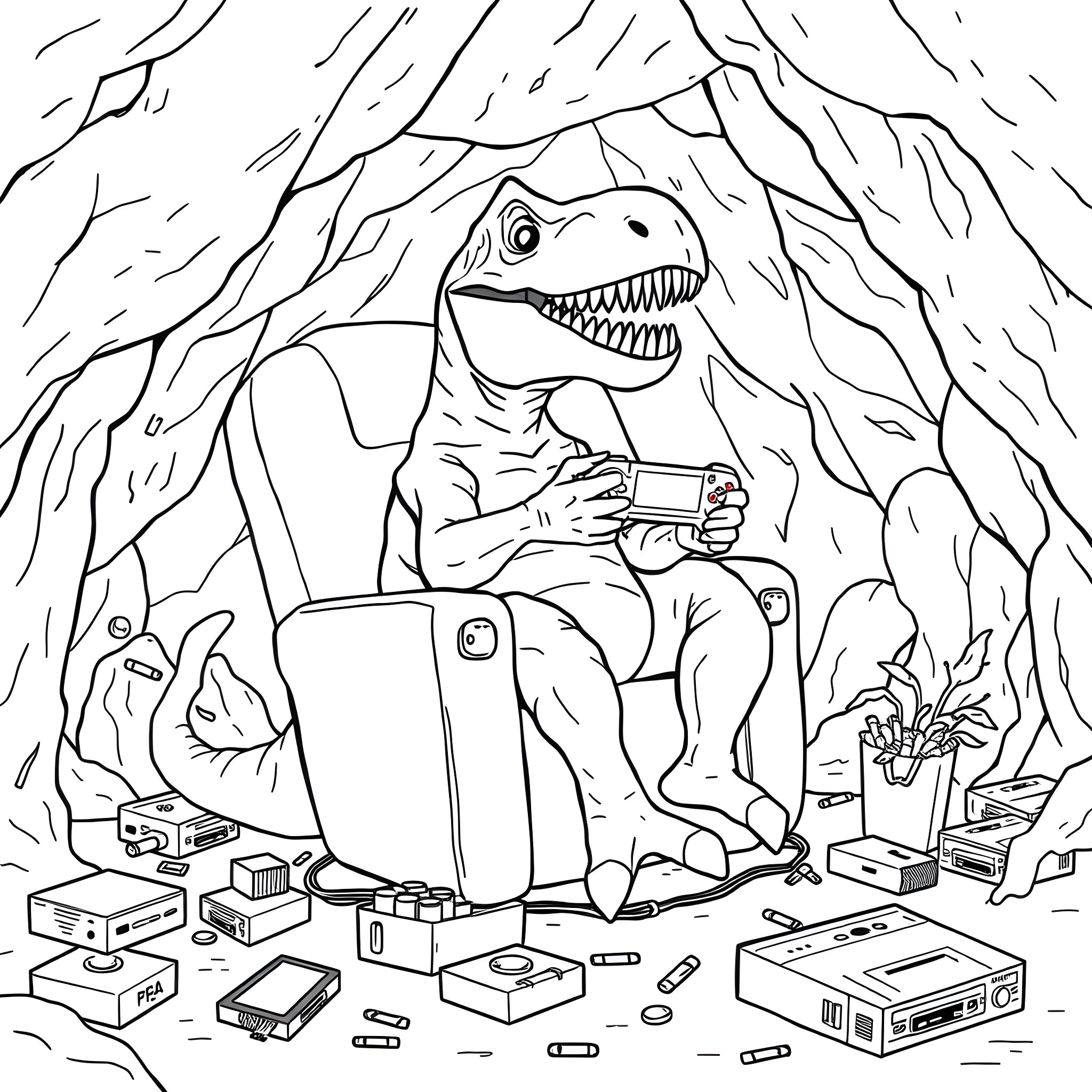 T-Rex playing video games in a cave Coloring Page (free black-and-white line drawing printable PDF for all, from beginners to advanced learners, including children, teens, adults, and seniors)