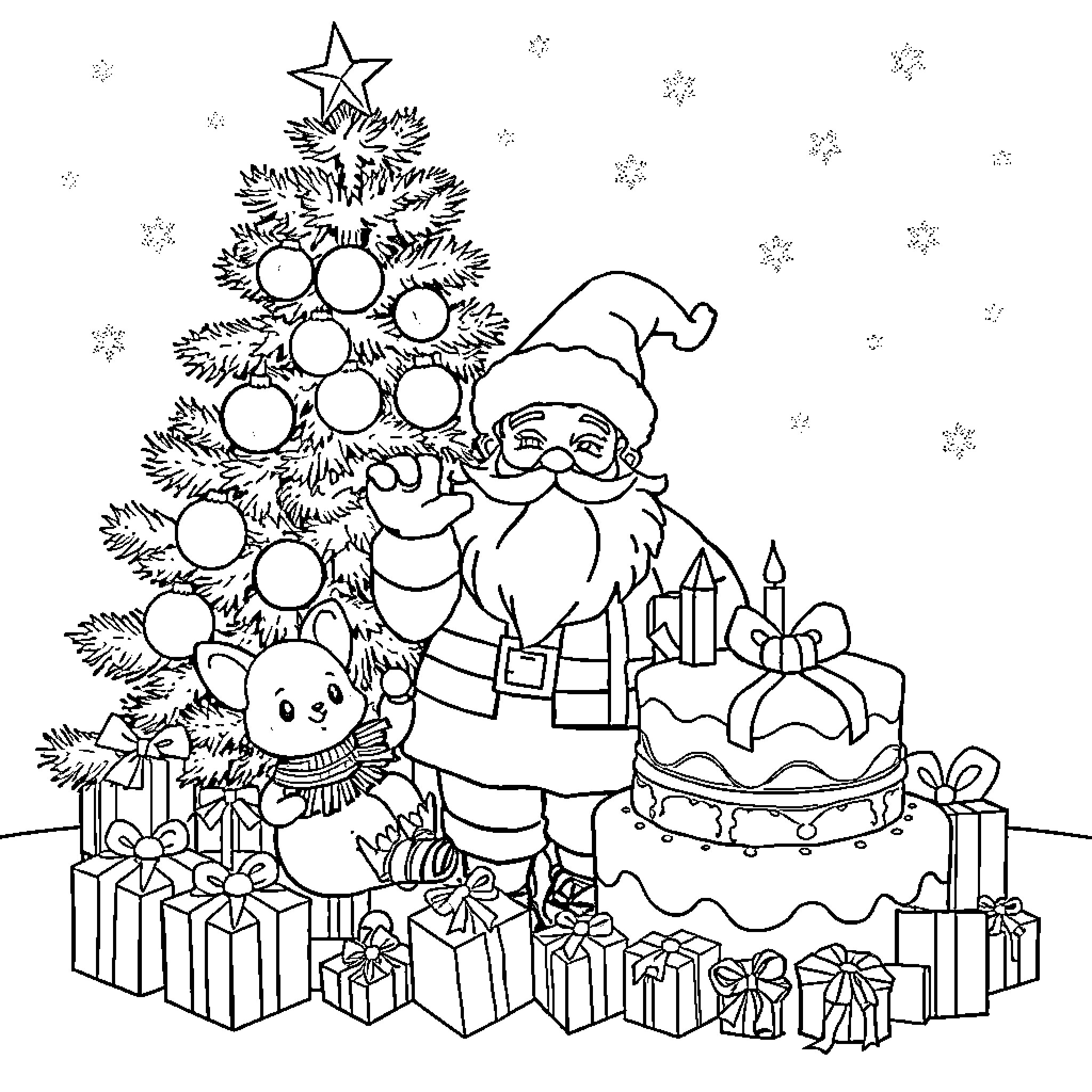 Sapin Santa with Christmas tree and gifts Coloring Page (free black-and-white line drawing printable PDF for all, from beginners to advanced learners, including children, teens, adults, and seniors)