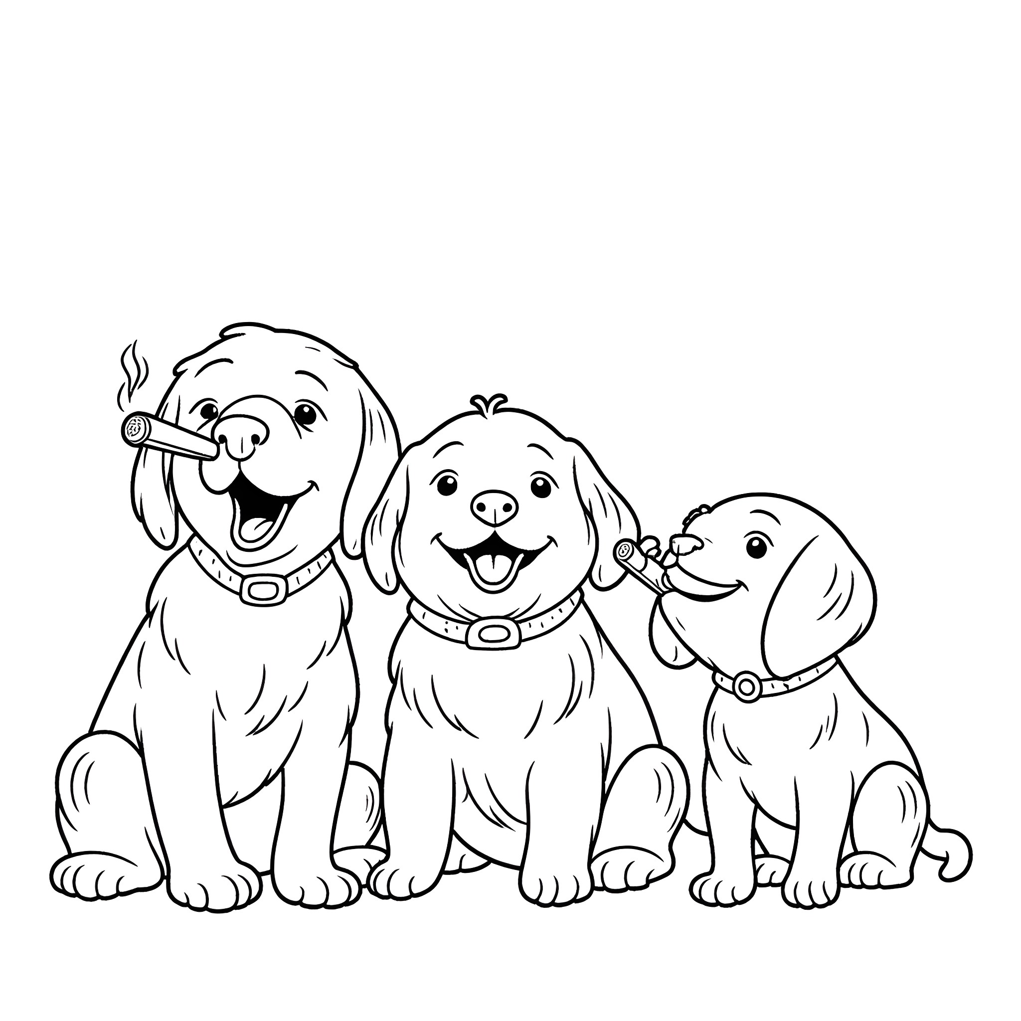 Puppies Sitting Together Happily Coloring Page (free black-and-white line drawing printable PDF for all, from beginners to advanced learners, including children, teens, adults, and seniors)