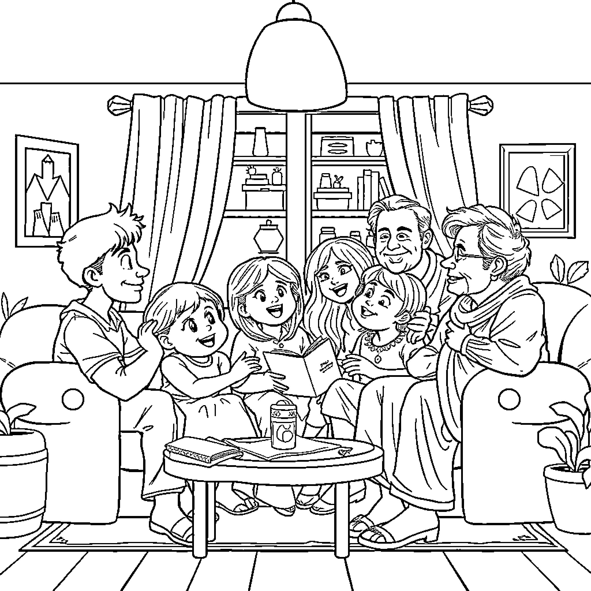Family Enjoying a Cozy Afternoon Together Coloring Page (free black-and-white line drawing printable PDF for all, from beginners to advanced learners, including children, teens, adults, and seniors)