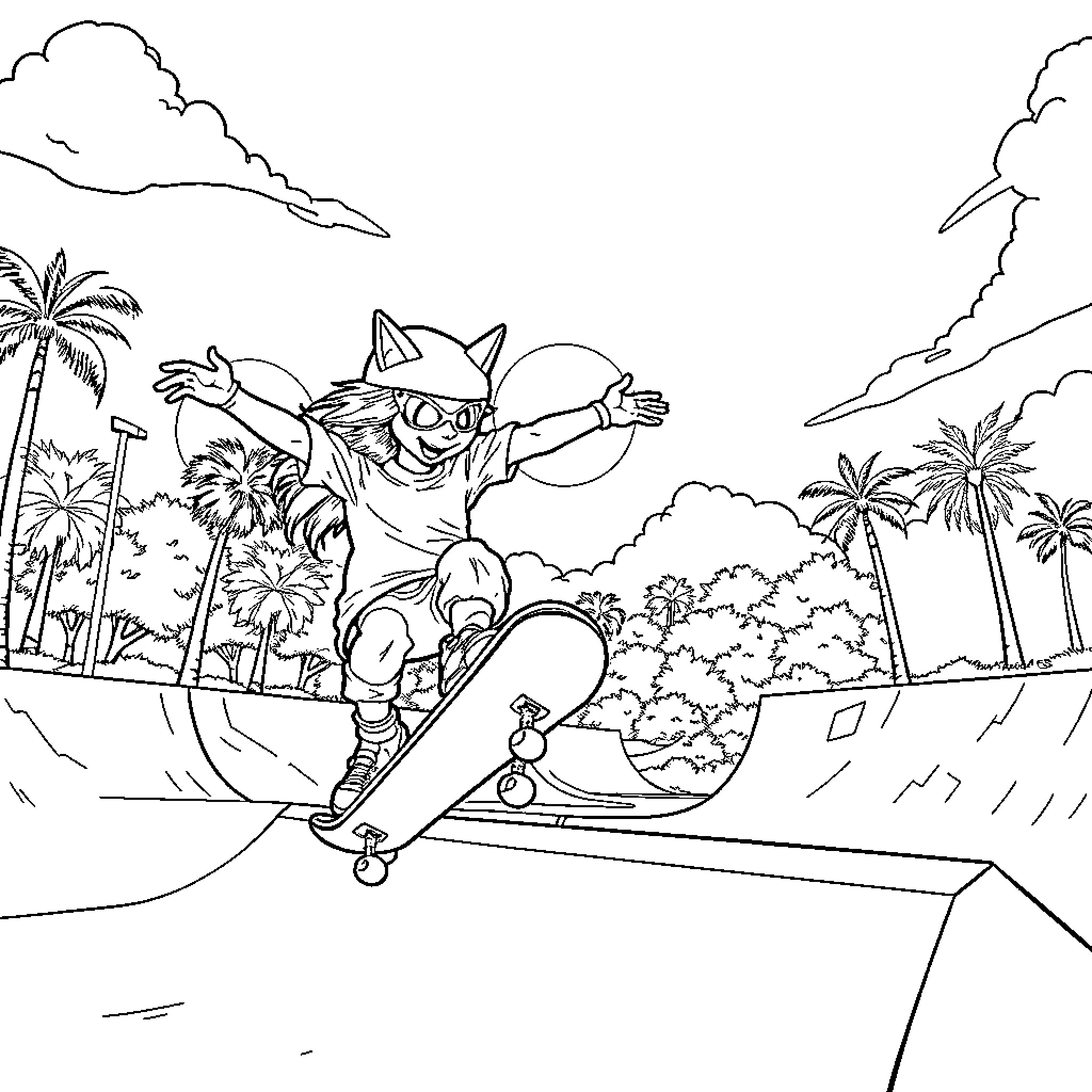 Furia's Skateboarding Adventure in the Tropical Landscape Coloring Page (free black-and-white line drawing printable PDF for all, from beginners to advanced learners, including children, teens, adults, and seniors)
