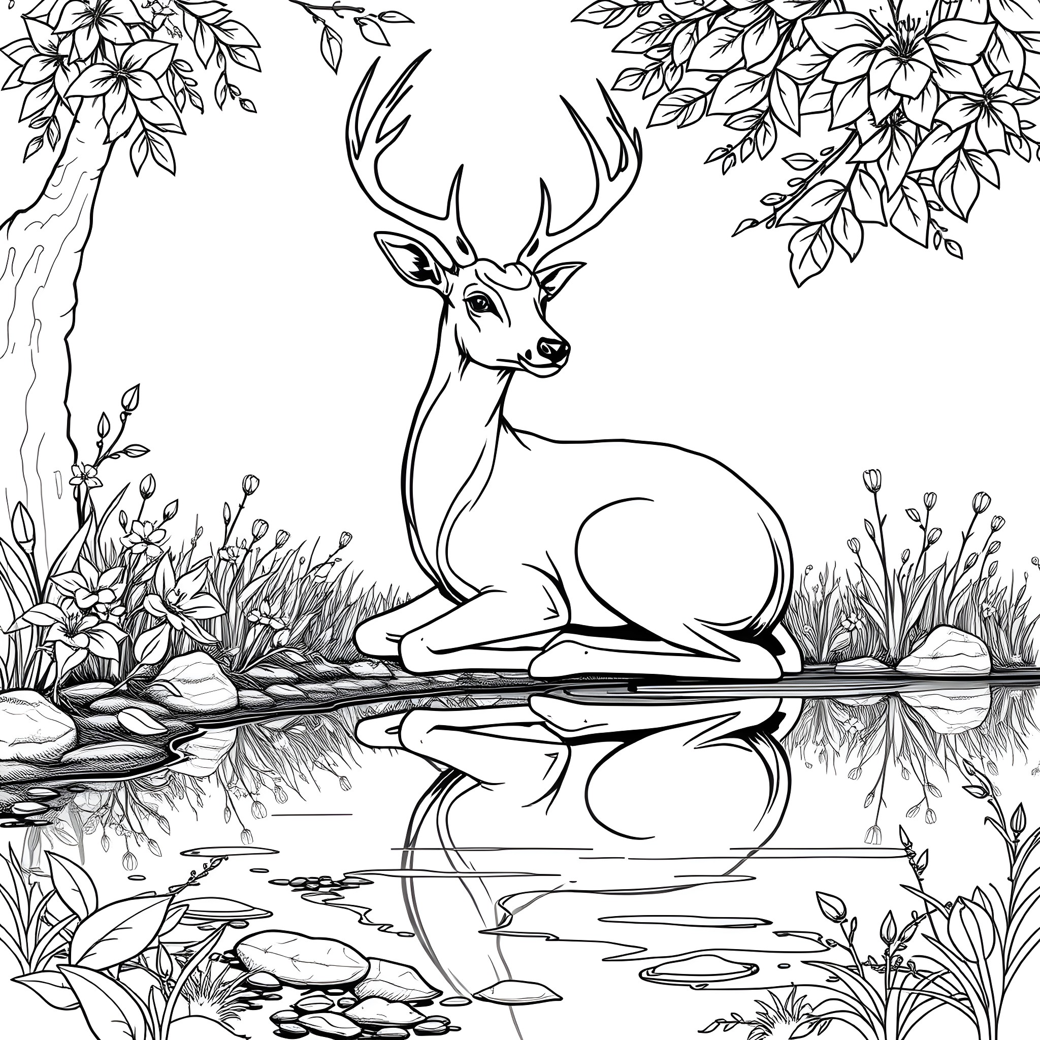 Deer resting peacefully in a natural forest scene Coloring Page (free black-and-white line drawing printable PDF for all, from beginners to advanced learners, including children, teens, adults, and seniors)