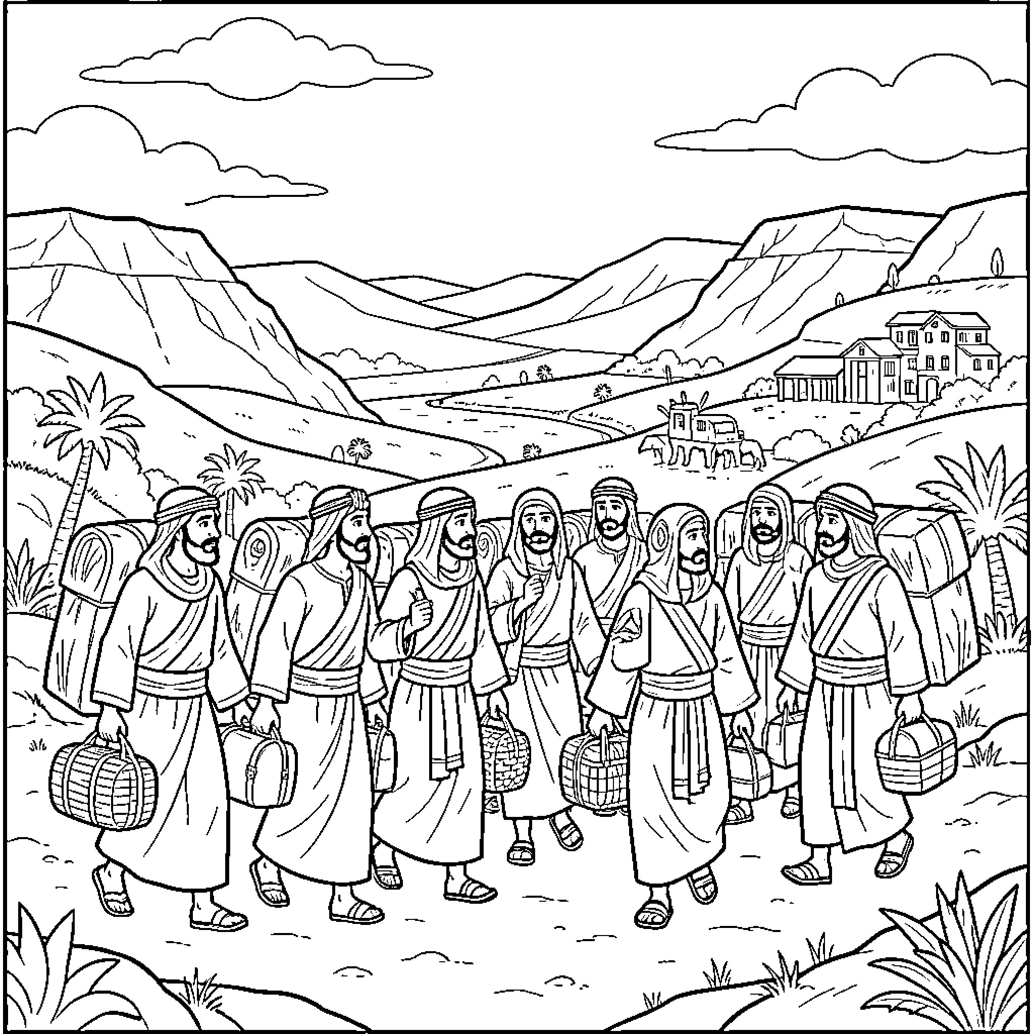 Hebrew people traveling through a mountainous landscape with luggage Coloring Page (free black-and-white line drawing printable PDF for all, from beginners to advanced learners, including children, teens, adults, and seniors)