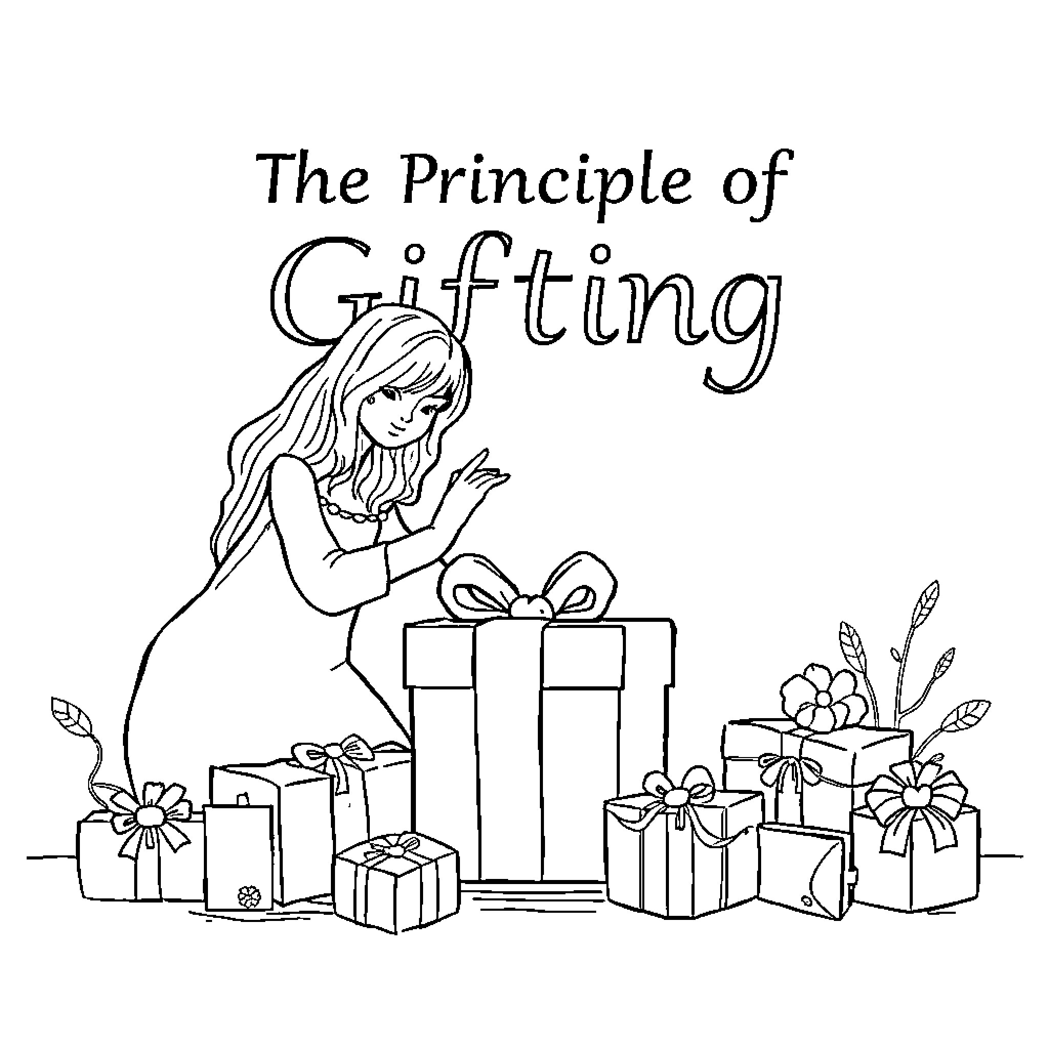 Gift of Generosity and Happiness Coloring Page (free black-and-white line drawing printable PDF for all, from beginners to advanced learners, including children, teens, adults, and seniors)