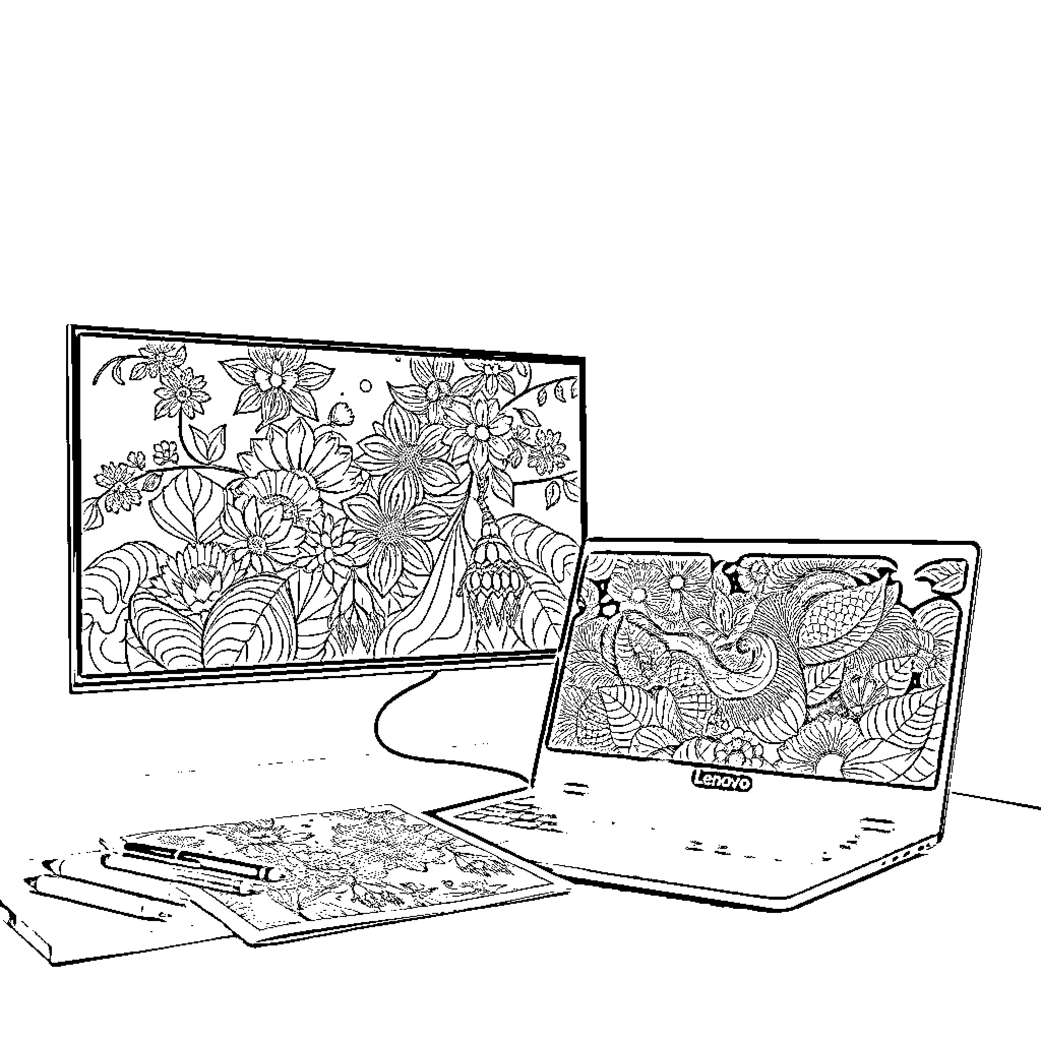 Laptop displaying floral coloring pages Coloring Page (free black-and-white line drawing printable PDF for all, from beginners to advanced learners, including children, teens, adults, and seniors)