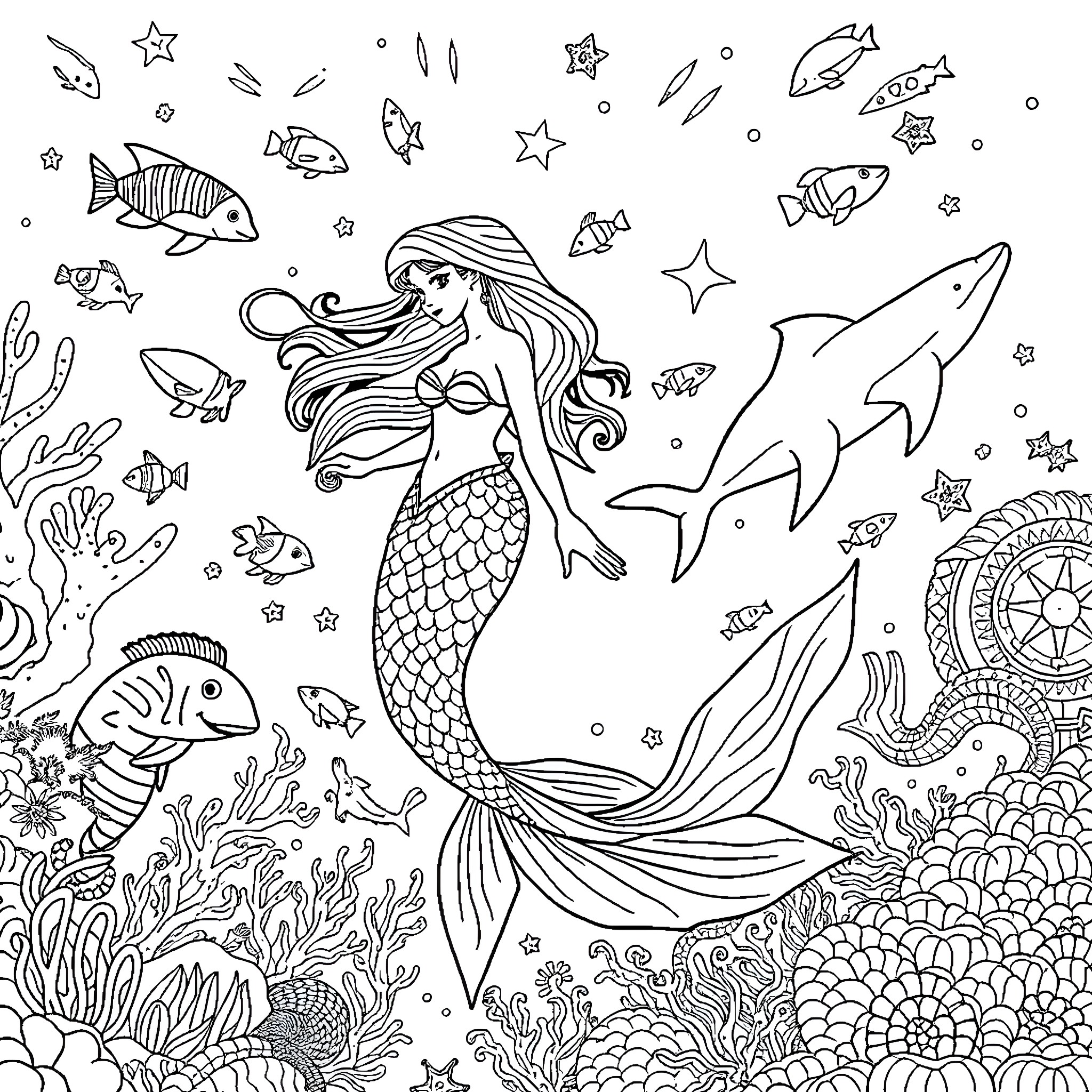 Mermaid swimming among marine life and celestial elements Coloring Page (free black-and-white line drawing printable PDF for all, from beginners to advanced learners, including children, teens, adults, and seniors)