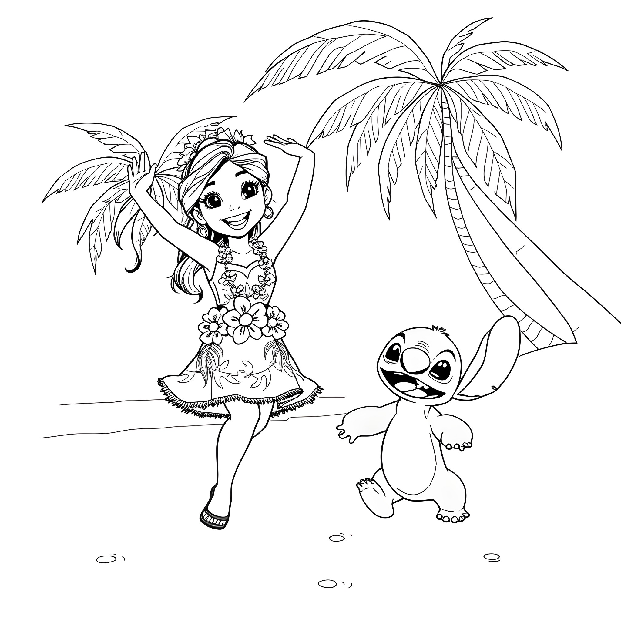 Lilo dancing joyfully with Stitch on the beach Coloring Page (free black-and-white line drawing printable PDF for all, from beginners to advanced learners, including children, teens, adults, and seniors)