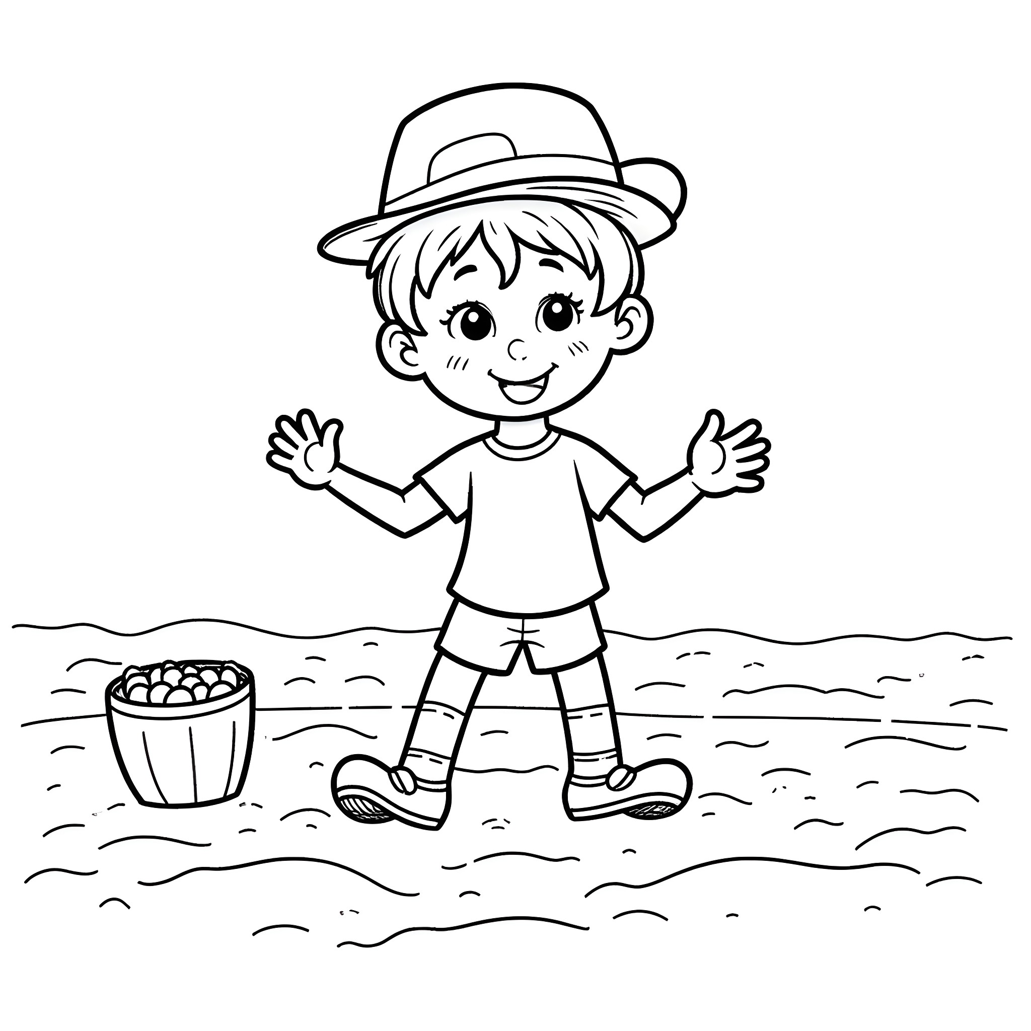 Sam's Beachside Adventure Coloring Page (free black-and-white line drawing printable PDF for all, from beginners to advanced learners, including children, teens, adults, and seniors)