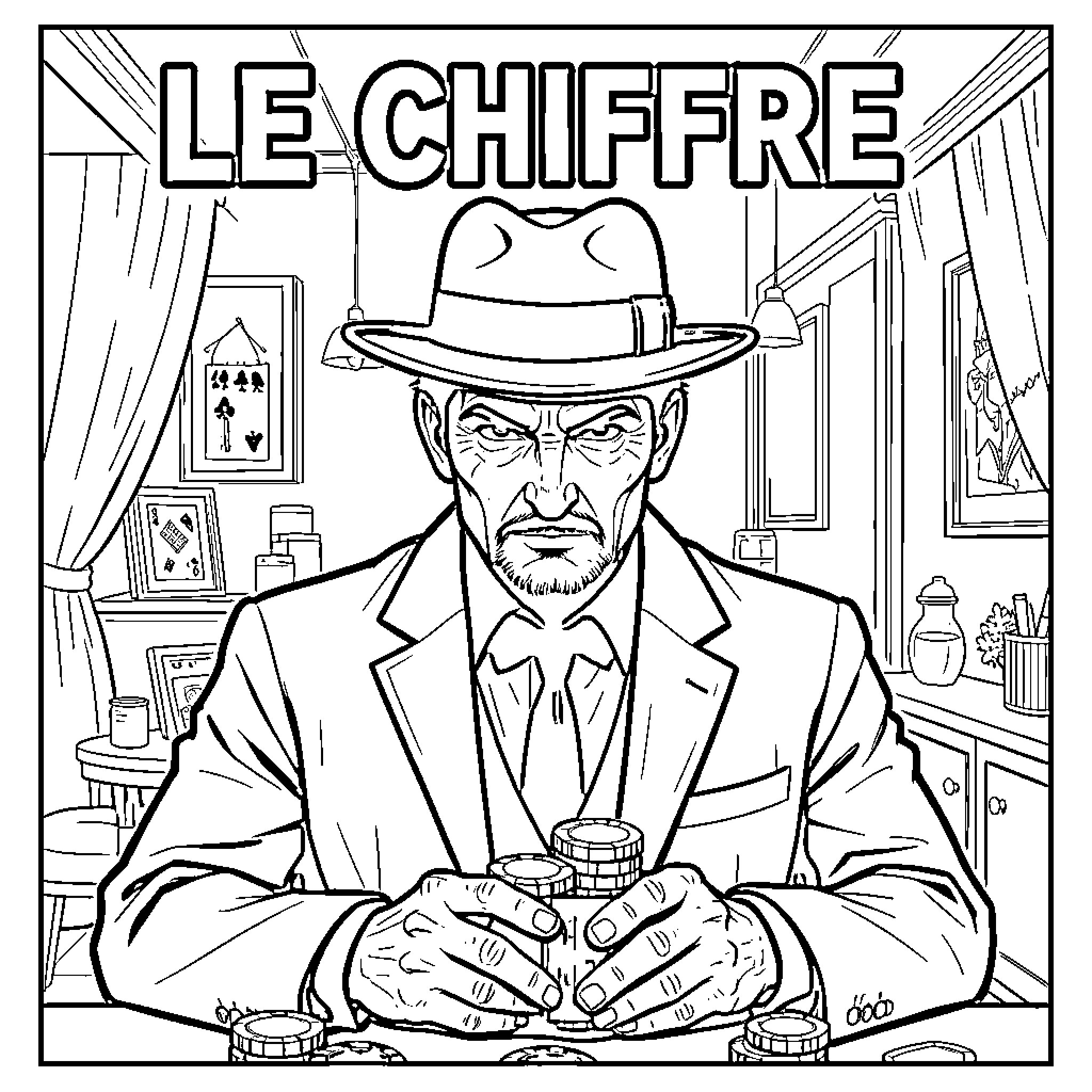 Chiffre wearing a hat and suit at a table Coloring Page (free black-and-white line drawing printable PDF for all, from beginners to advanced learners, including children, teens, adults, and seniors)
