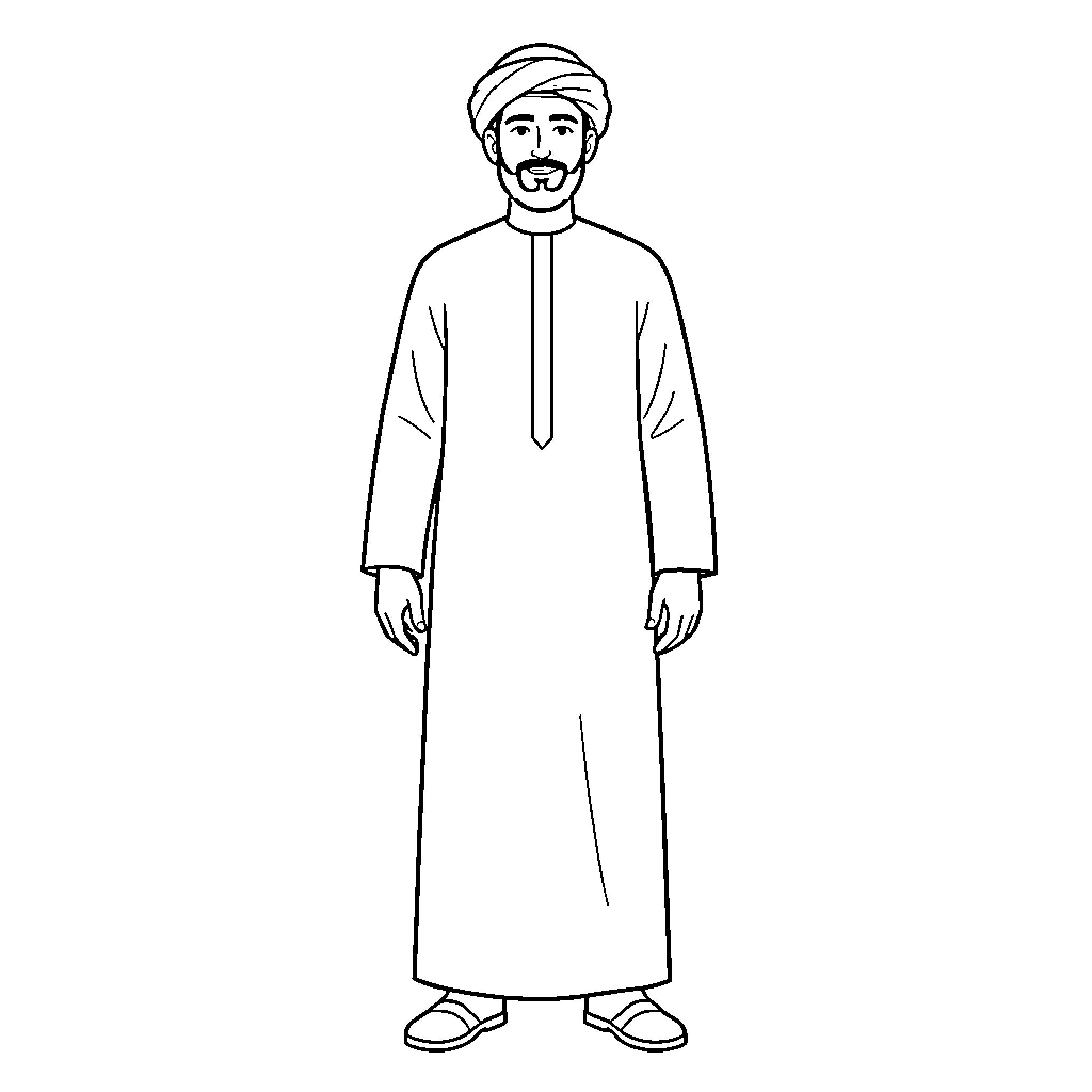 Arabic Man standing calmly in traditional attire Coloring Page (free black-and-white line drawing printable PDF for all, from beginners to advanced learners, including children, teens, adults, and seniors)