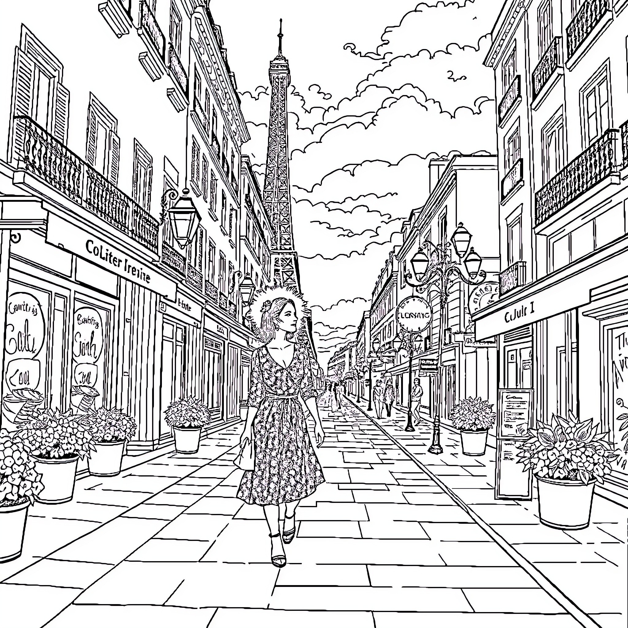 Paris street scene with elegant woman and Eiffel Tower Coloring Page (free black-and-white line drawing printable PDF for all, from beginners to advanced learners, including children, teens, adults, and seniors)