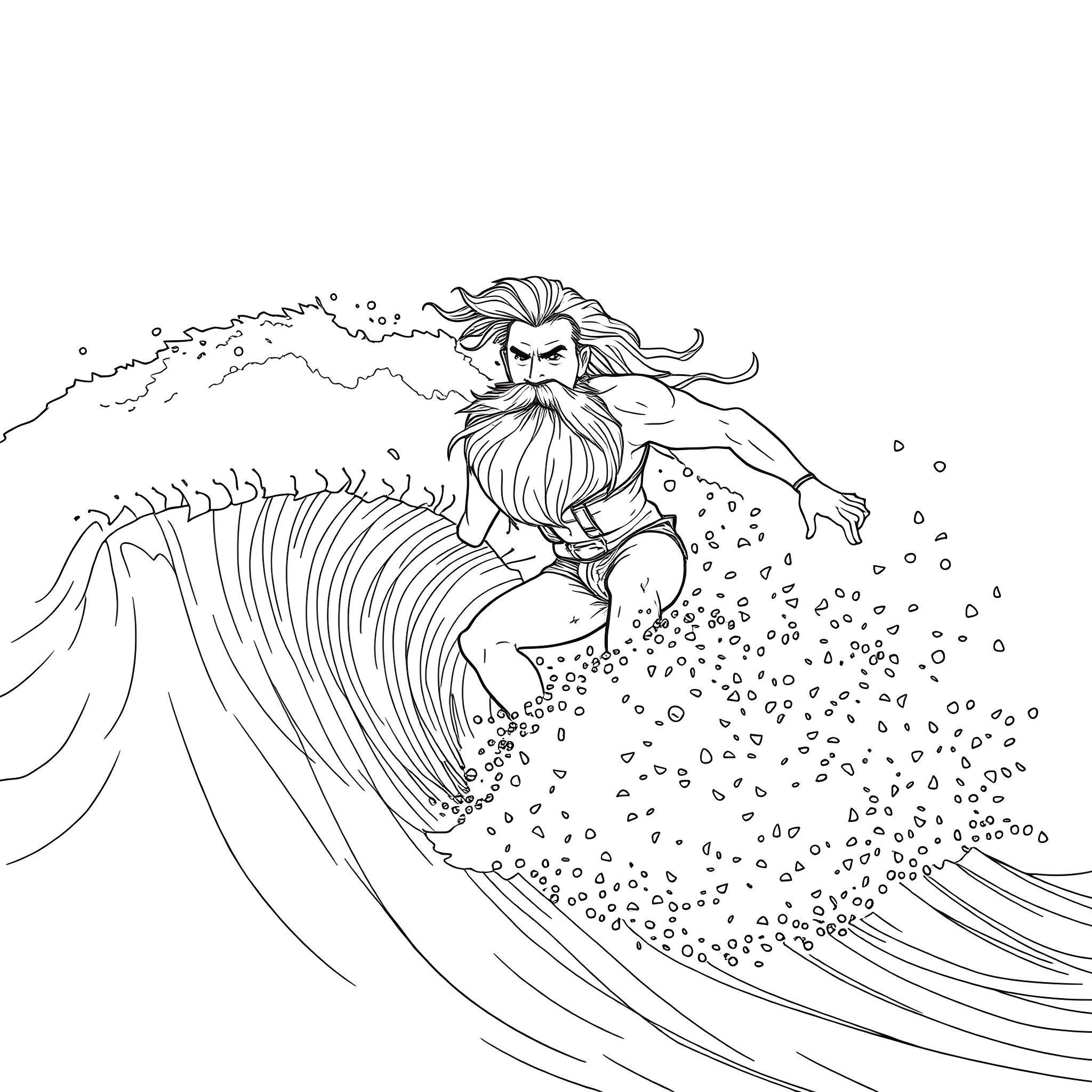 Man surfing on a massive wave Coloring Page (free black-and-white line drawing printable PDF for all, from beginners to advanced learners, including children, teens, adults, and seniors)