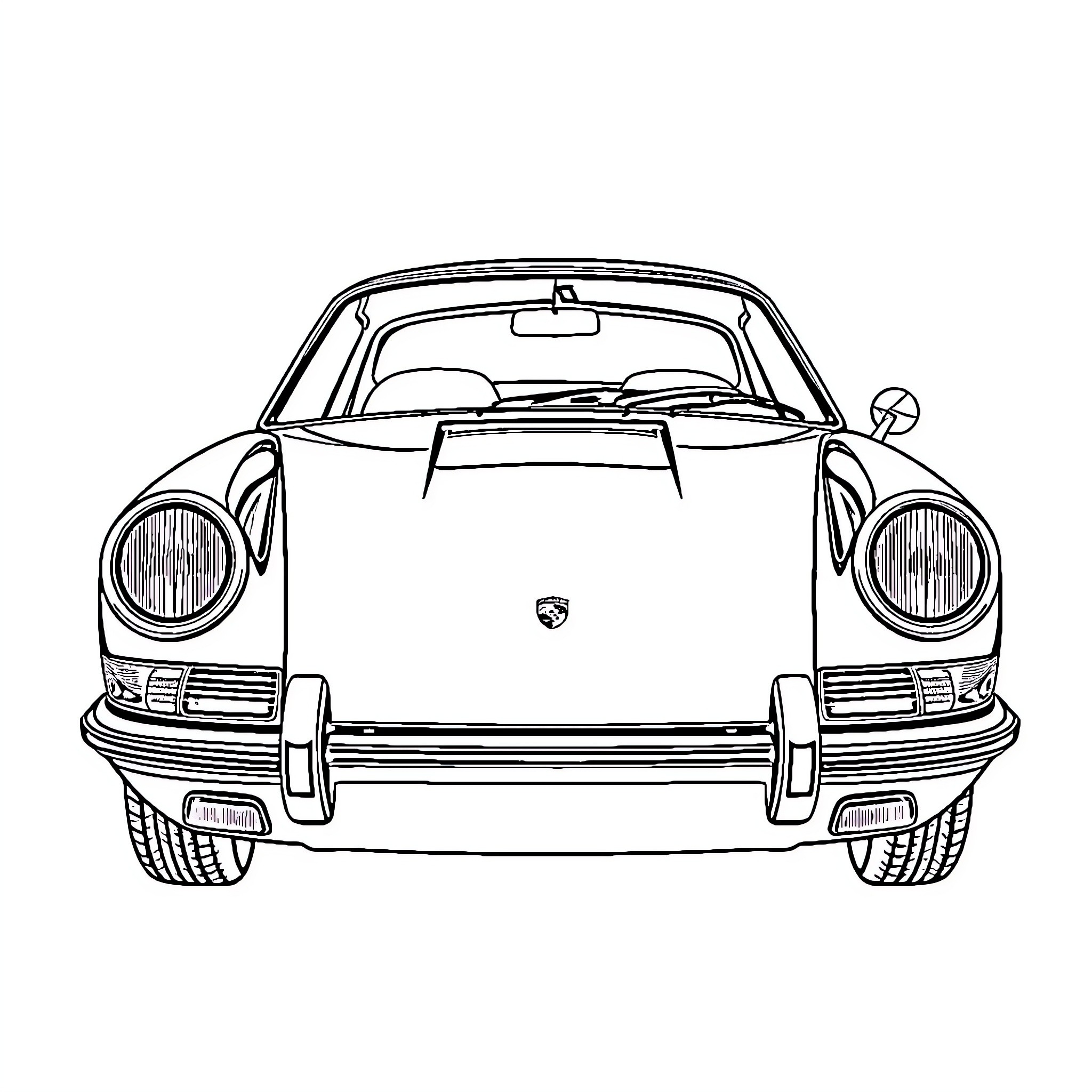 Porsche classic sports car frontal view Coloring Page (free black-and-white line drawing printable PDF for all, from beginners to advanced learners, including children, teens, adults, and seniors)