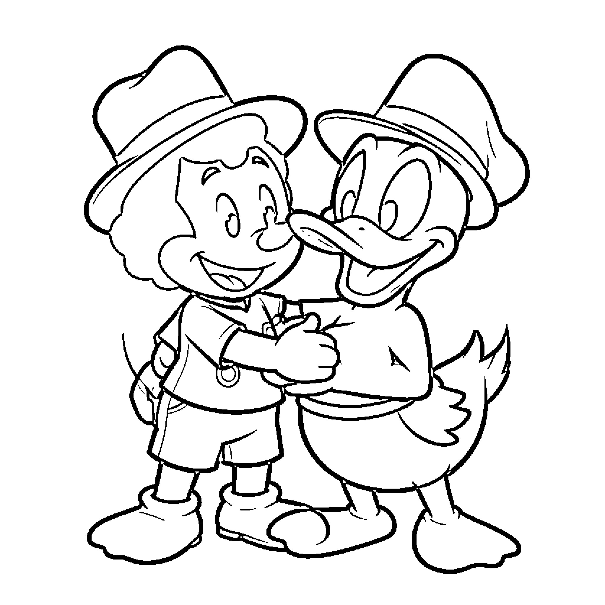 Mikey and Daffy's Playful Adventure Coloring Page (free black-and-white line drawing printable PDF for all, from beginners to advanced learners, including children, teens, adults, and seniors)