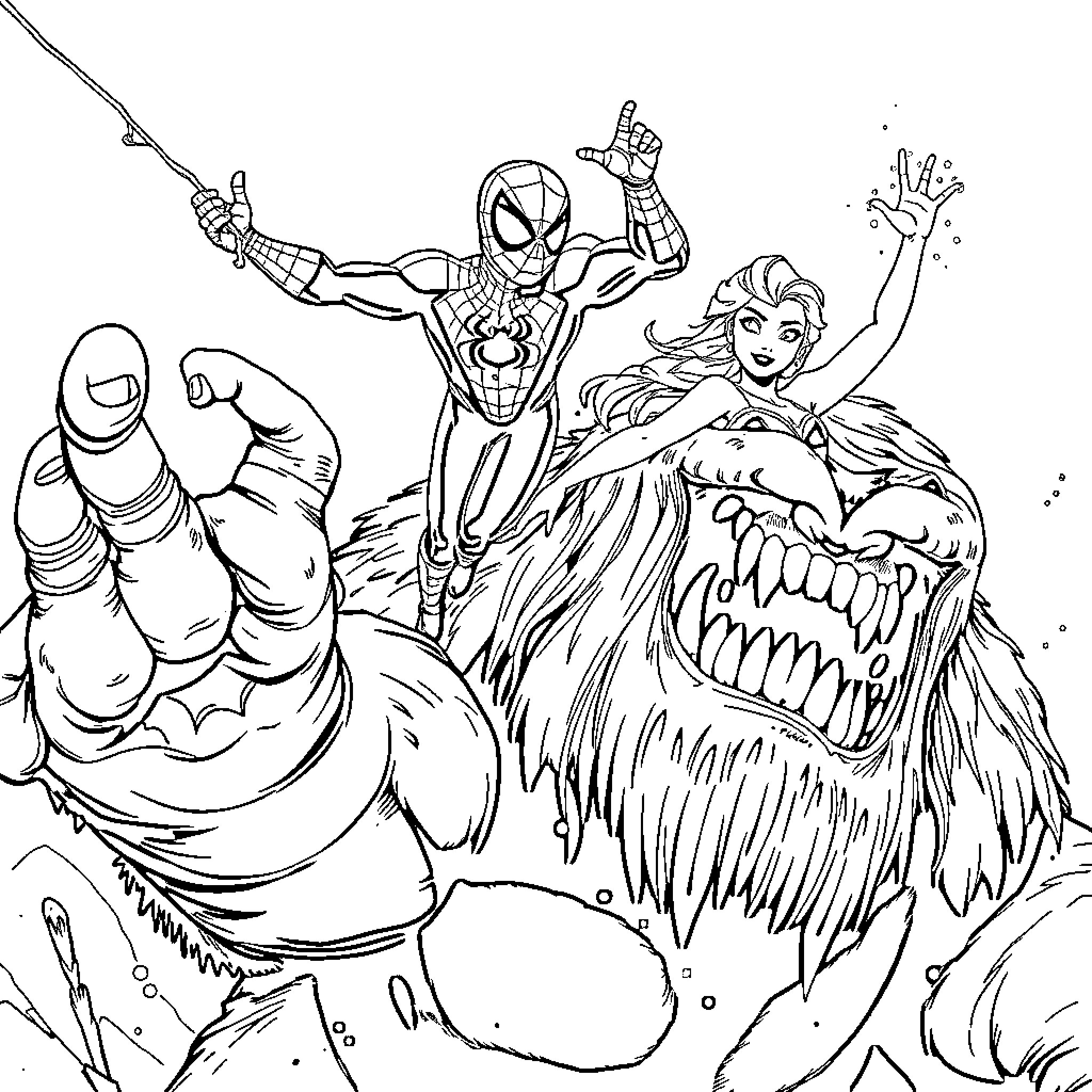 Spider-Man battles monstrous foe alongside brave heroine Coloring Page (free black-and-white line drawing printable PDF for all, from beginners to advanced learners, including children, teens, adults, and seniors)