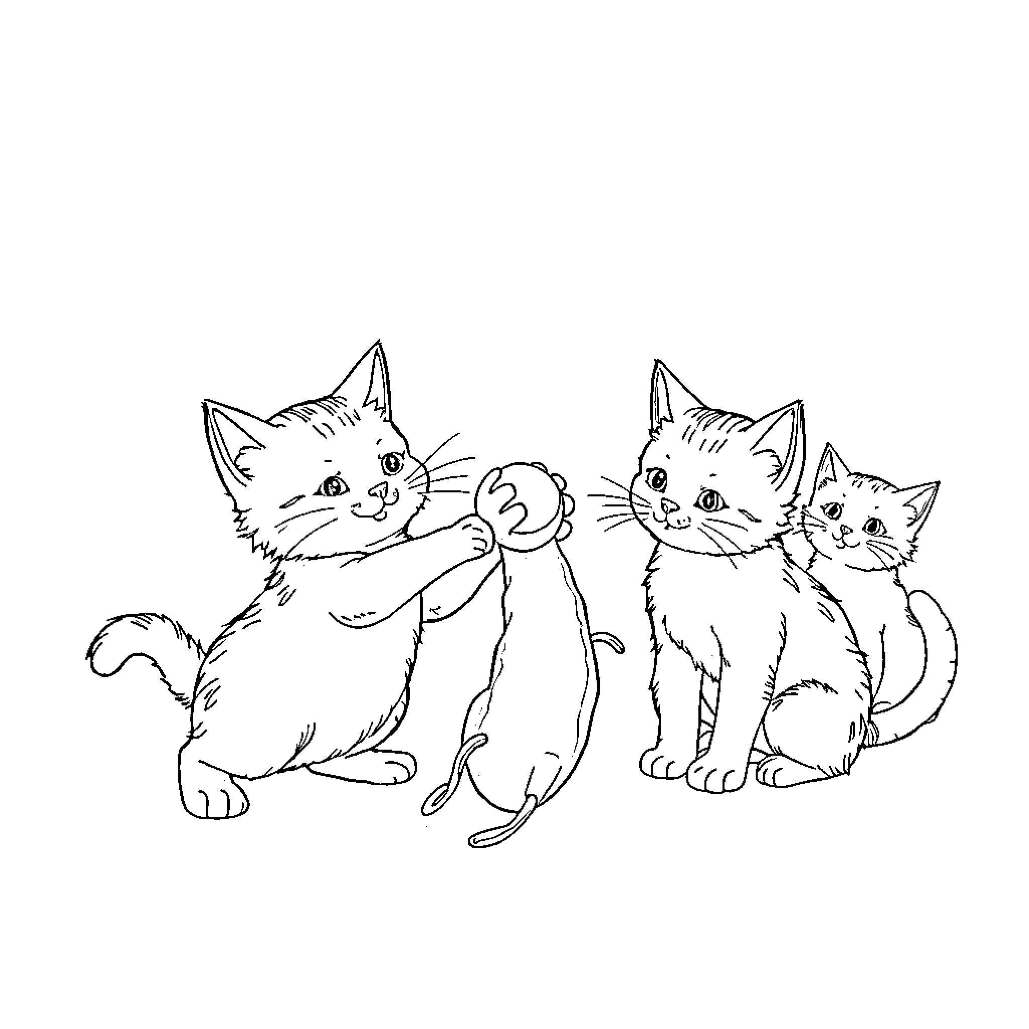 Cat trio playing and cuddling together Coloring Page (free black-and-white line drawing printable PDF for all, from beginners to advanced learners, including children, teens, adults, and seniors)
