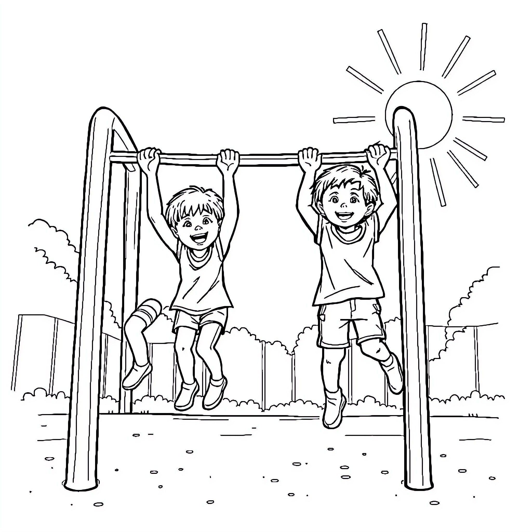 Children playing happily on playground equipment Coloring Page (free black-and-white line drawing printable PDF for all, from beginners to advanced learners, including children, teens, adults, and seniors)