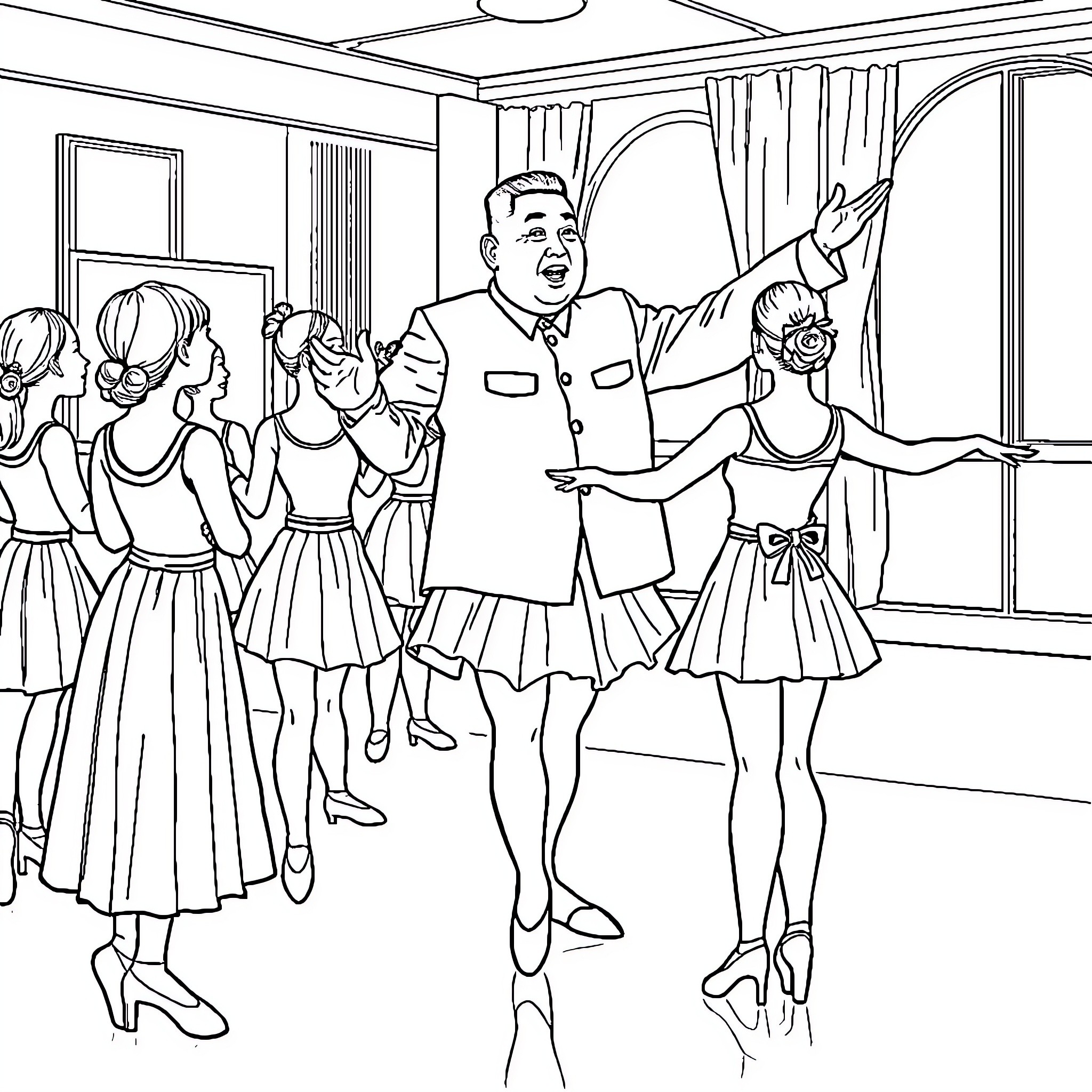 Kim Jong Un Attending Ballet Performance Coloring Page (free black-and-white line drawing printable PDF for all, from beginners to advanced learners, including children, teens, adults, and seniors)