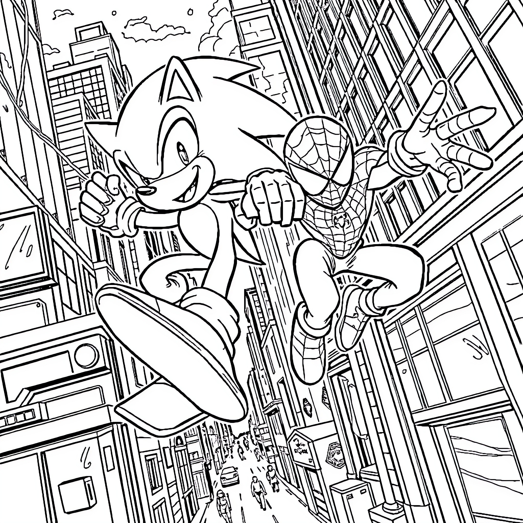 Sonic and Spider-Man Swinging Through City Streets Coloring Page (free black-and-white line drawing printable PDF for all, from beginners to advanced learners, including children, teens, adults, and seniors)