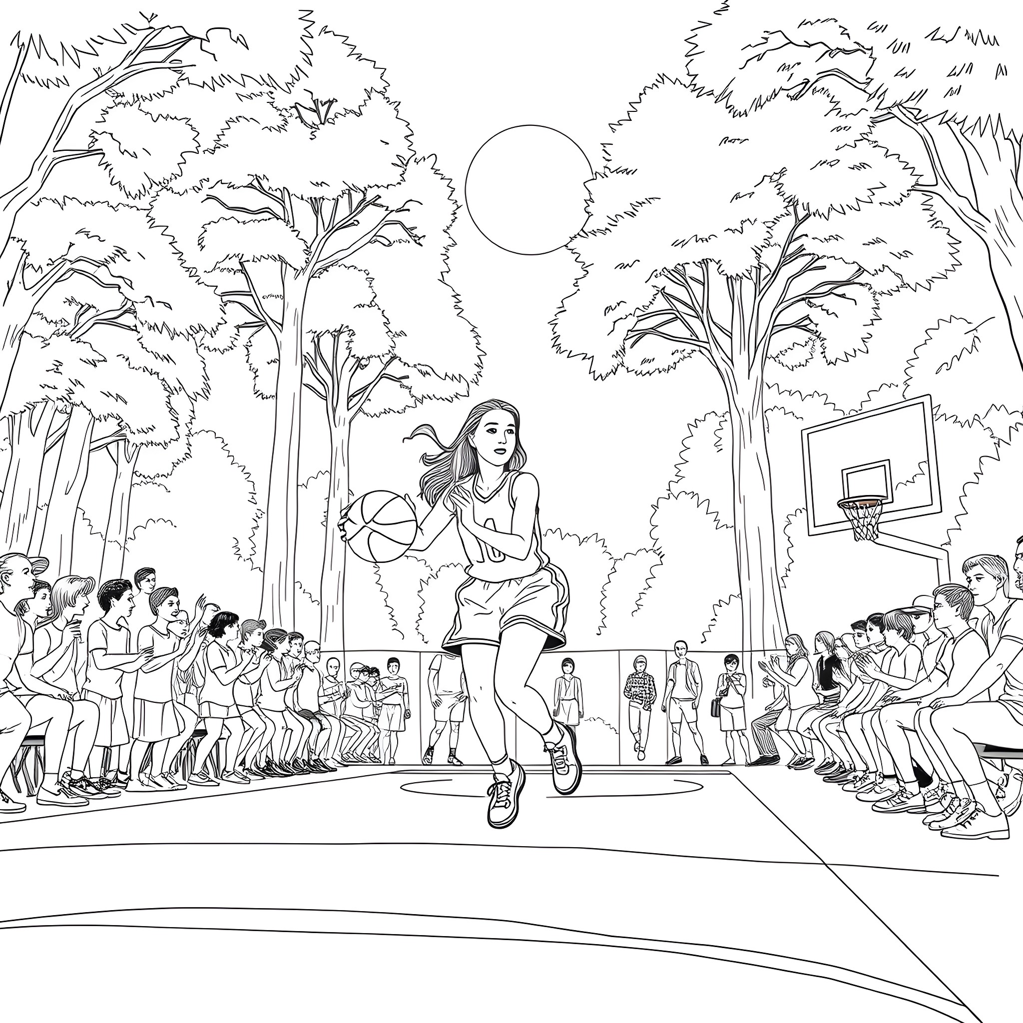 Livy Dunne playing basketball on the court Coloring Page (free black-and-white line drawing printable PDF for all, from beginners to advanced learners, including children, teens, adults, and seniors)