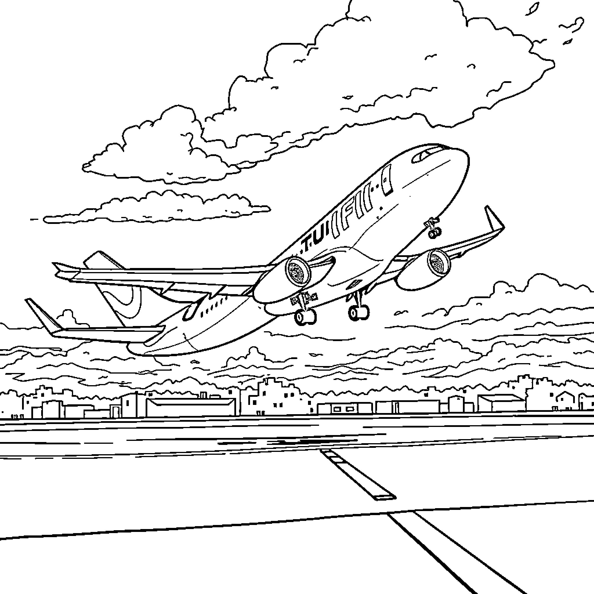 Boeing aircraft taking off from runway Coloring Page (free black-and-white line drawing printable PDF for all, from beginners to advanced learners, including children, teens, adults, and seniors)
