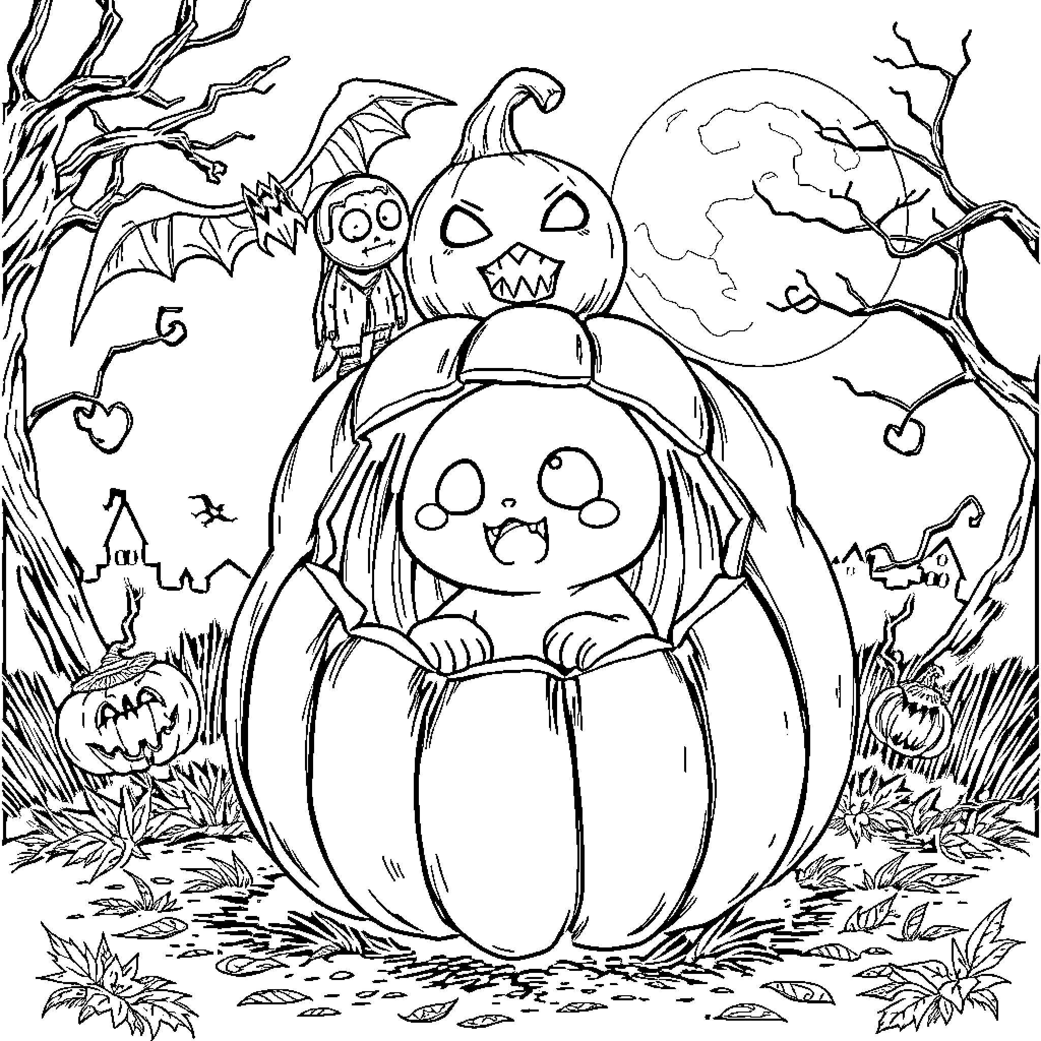 Labubu's Spooky Halloween Adventure Coloring Page (free black-and-white line drawing printable PDF for all, from beginners to advanced learners, including children, teens, adults, and seniors)