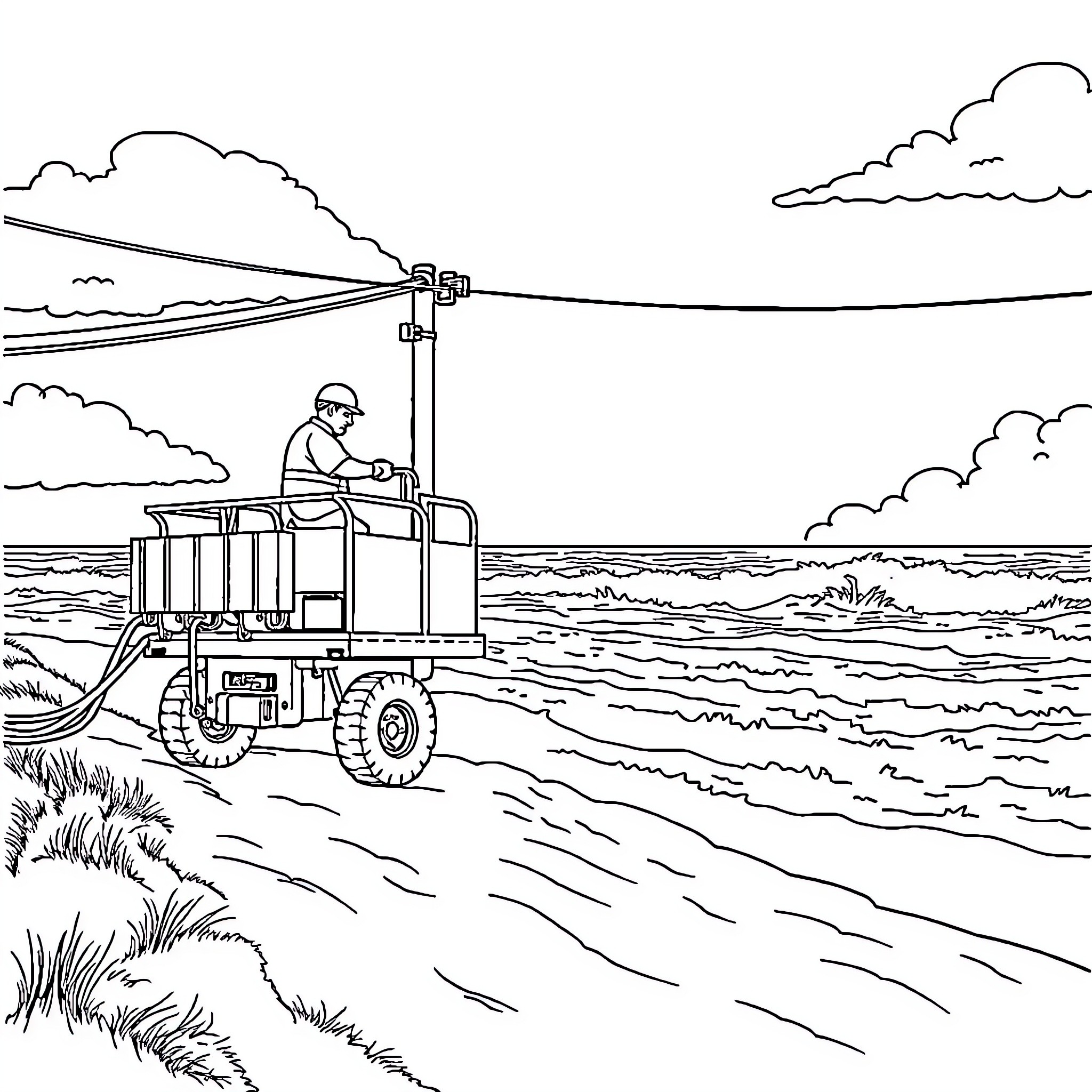 Lineman working on utility equipment in remote field Coloring Page (free black-and-white line drawing printable PDF for all, from beginners to advanced learners, including children, teens, adults, and seniors)