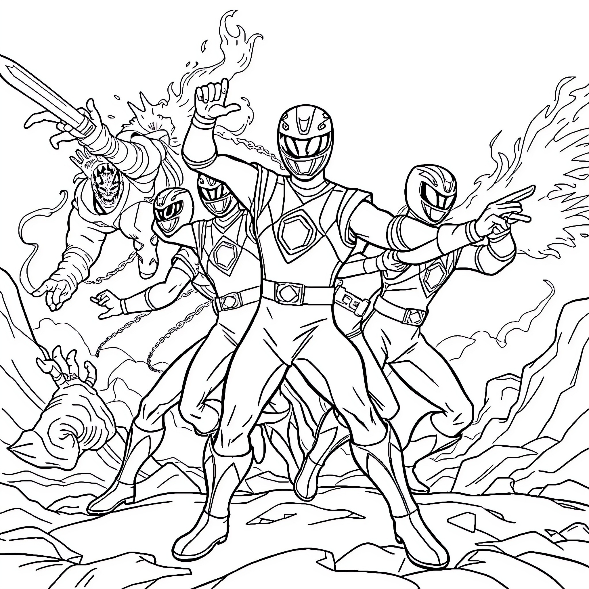 Power Rangers Battling Fierce Foes Coloring Page (free black-and-white line drawing printable PDF for all, from beginners to advanced learners, including children, teens, adults, and seniors)