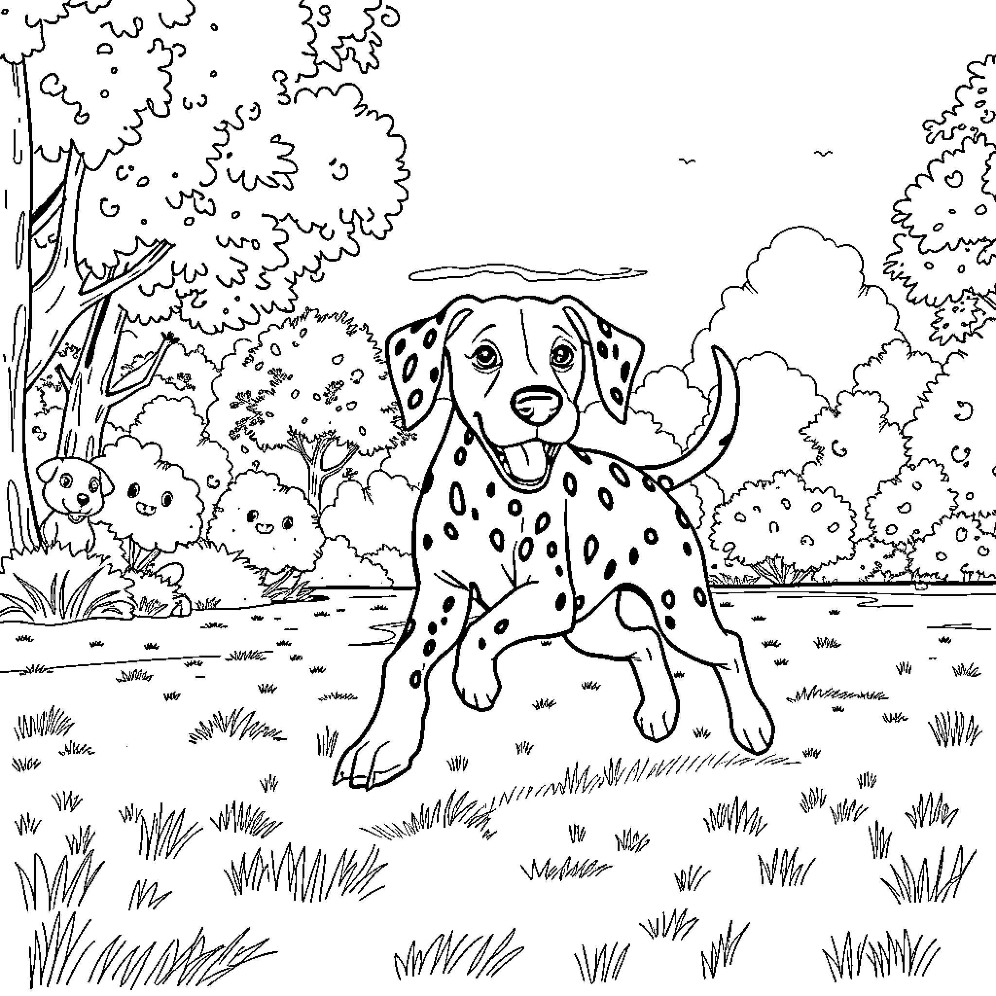 Dalmatian dog exploring the outdoors Coloring Page (free black-and-white line drawing printable PDF for all, from beginners to advanced learners, including children, teens, adults, and seniors)