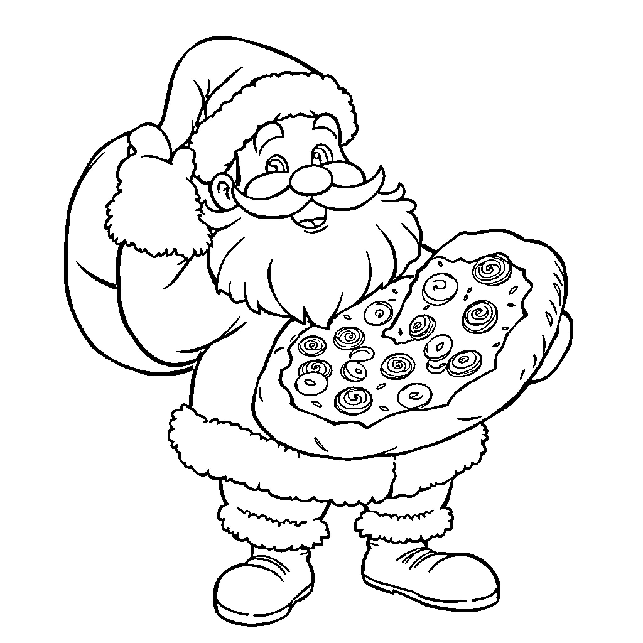 Pizza-Carrying Santa Claus in Winter Outfit Coloring Page (free black-and-white line drawing printable PDF for all, from beginners to advanced learners, including children, teens, adults, and seniors)