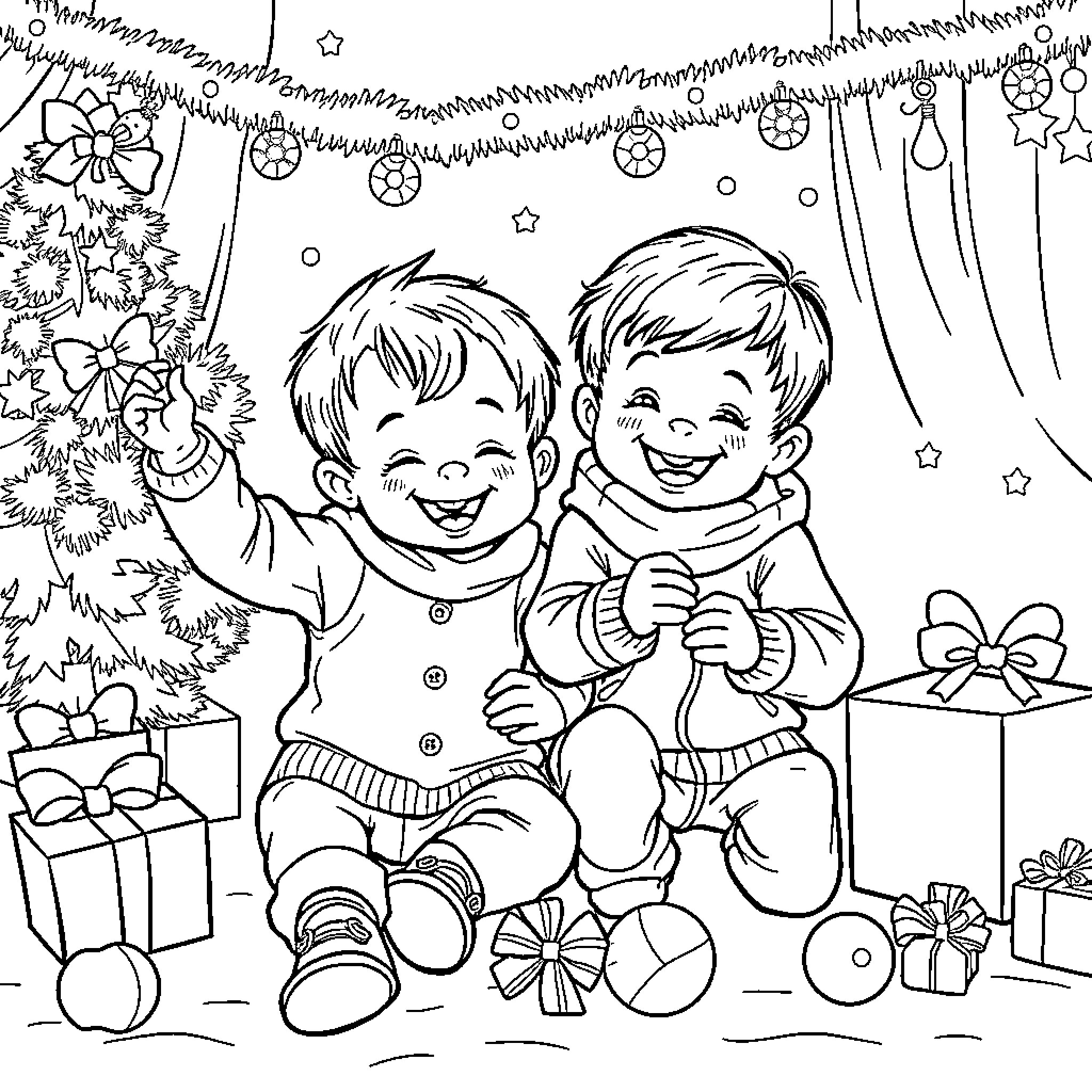 Twin Boys Celebrating Christmas with Joy Coloring Page (free black-and-white line drawing printable PDF for all, from beginners to advanced learners, including children, teens, adults, and seniors)