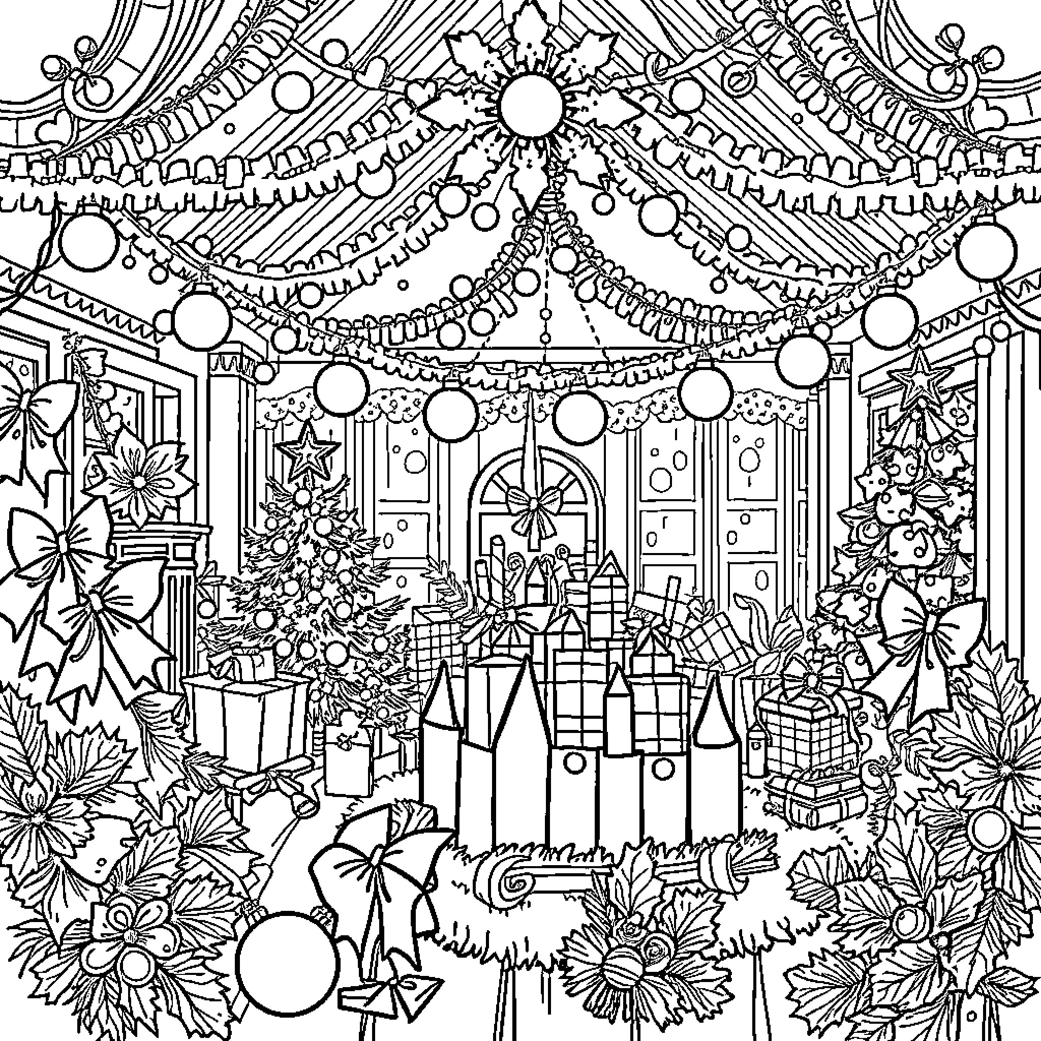 Noel's Festive Holiday Celebration Coloring Page (free black-and-white line drawing printable PDF for all, from beginners to advanced learners, including children, teens, adults, and seniors)