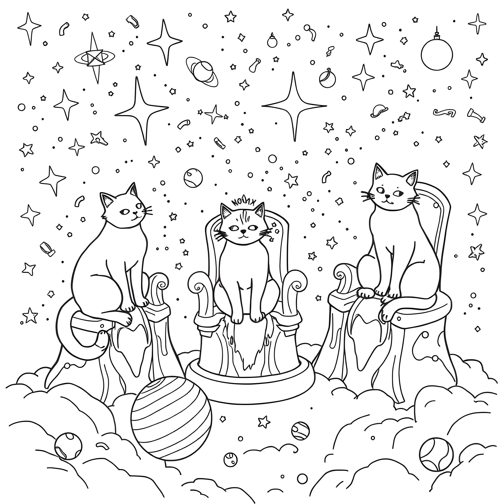 Cats among stars and planets Coloring Page (free black-and-white line drawing printable PDF for all, from beginners to advanced learners, including children, teens, adults, and seniors)