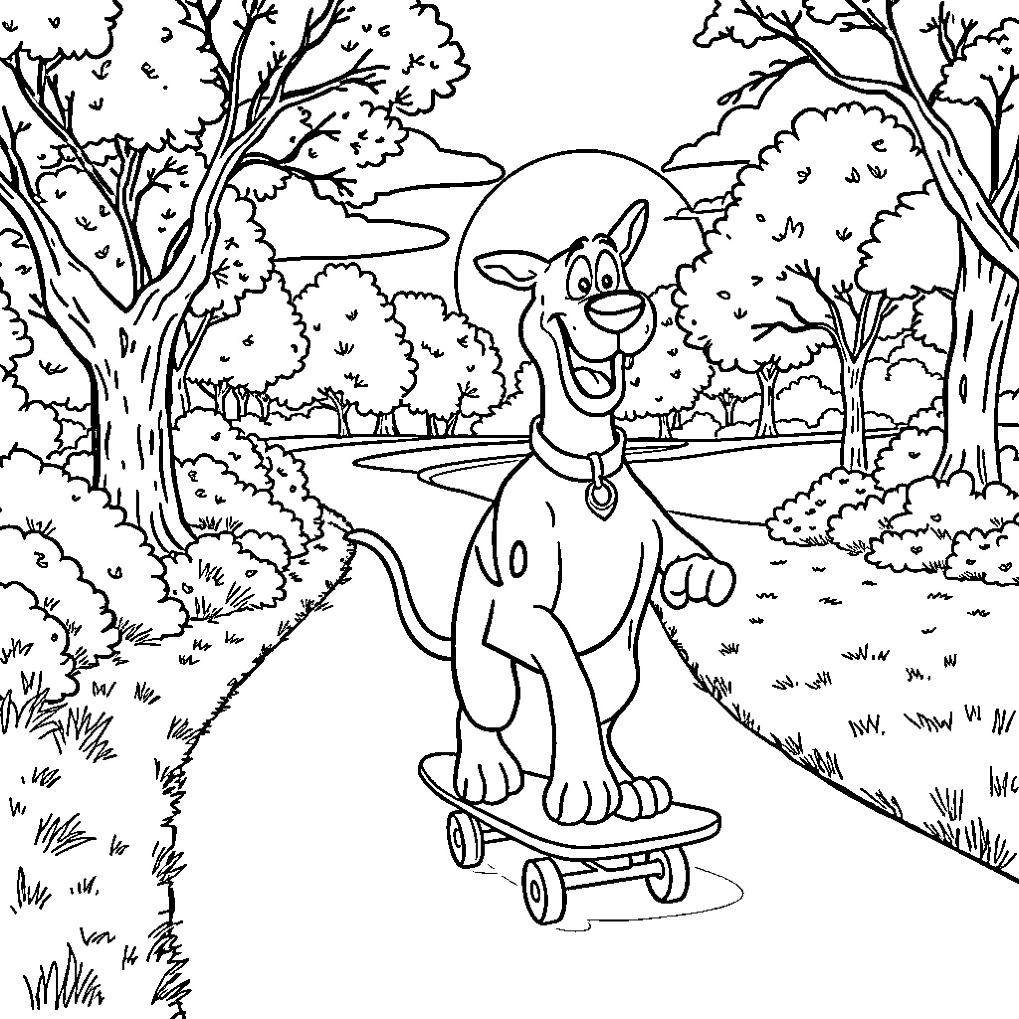 Scooby Doo on a skateboard in the forest Coloring Page (free black-and-white line drawing printable PDF for all, from beginners to advanced learners, including children, teens, adults, and seniors)