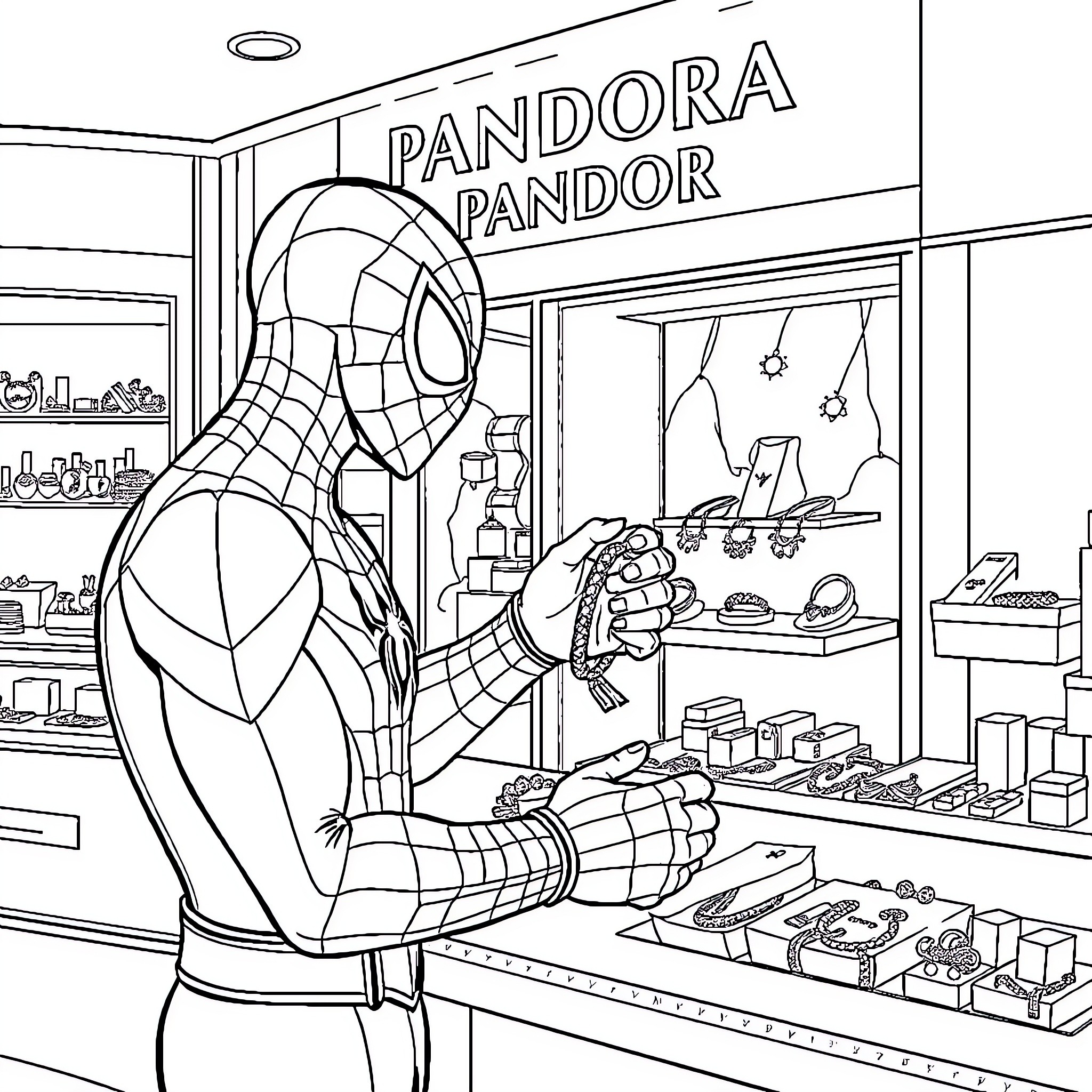 Spiderman exploring a jewelry shop display Coloring Page (free black-and-white line drawing printable PDF for all, from beginners to advanced learners, including children, teens, adults, and seniors)