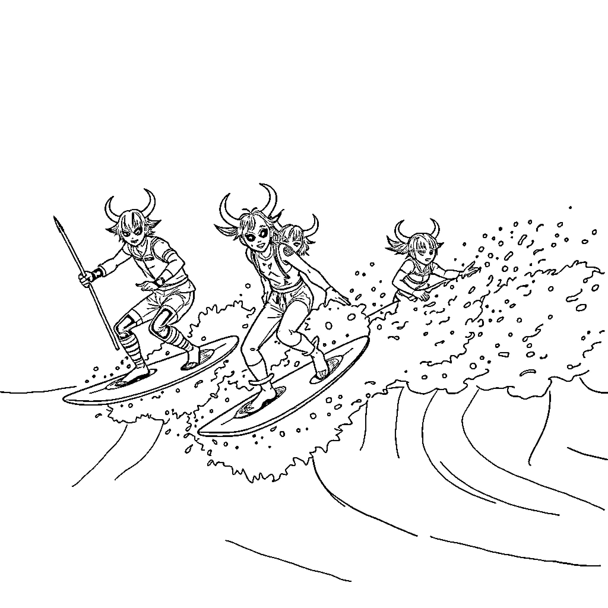 Demon Hunters Surfing the Waves Coloring Page (free black-and-white line drawing printable PDF for all, from beginners to advanced learners, including children, teens, adults, and seniors)