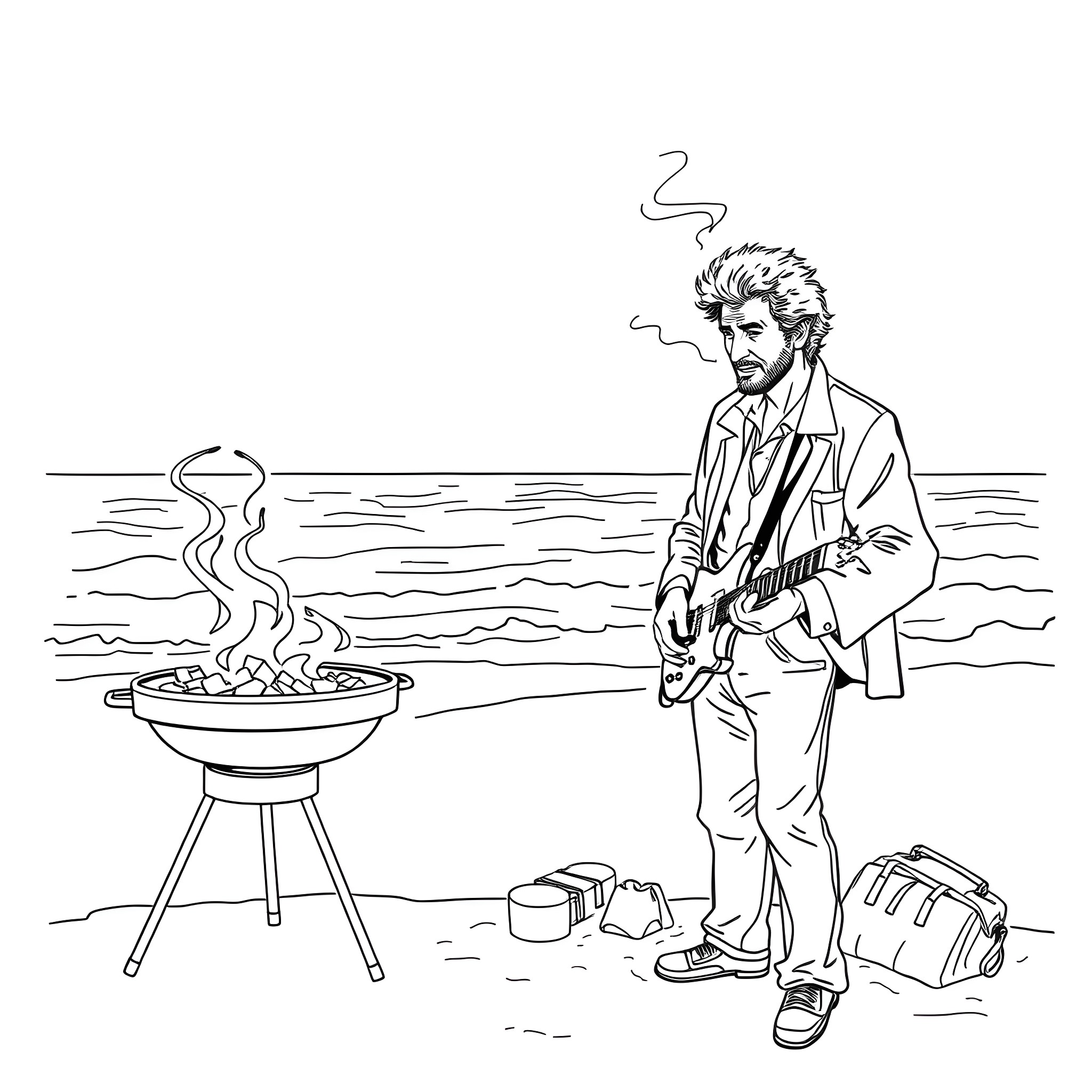 Bob Dylan grilling on the beach Coloring Page (free black-and-white line drawing printable PDF for all, from beginners to advanced learners, including children, teens, adults, and seniors)