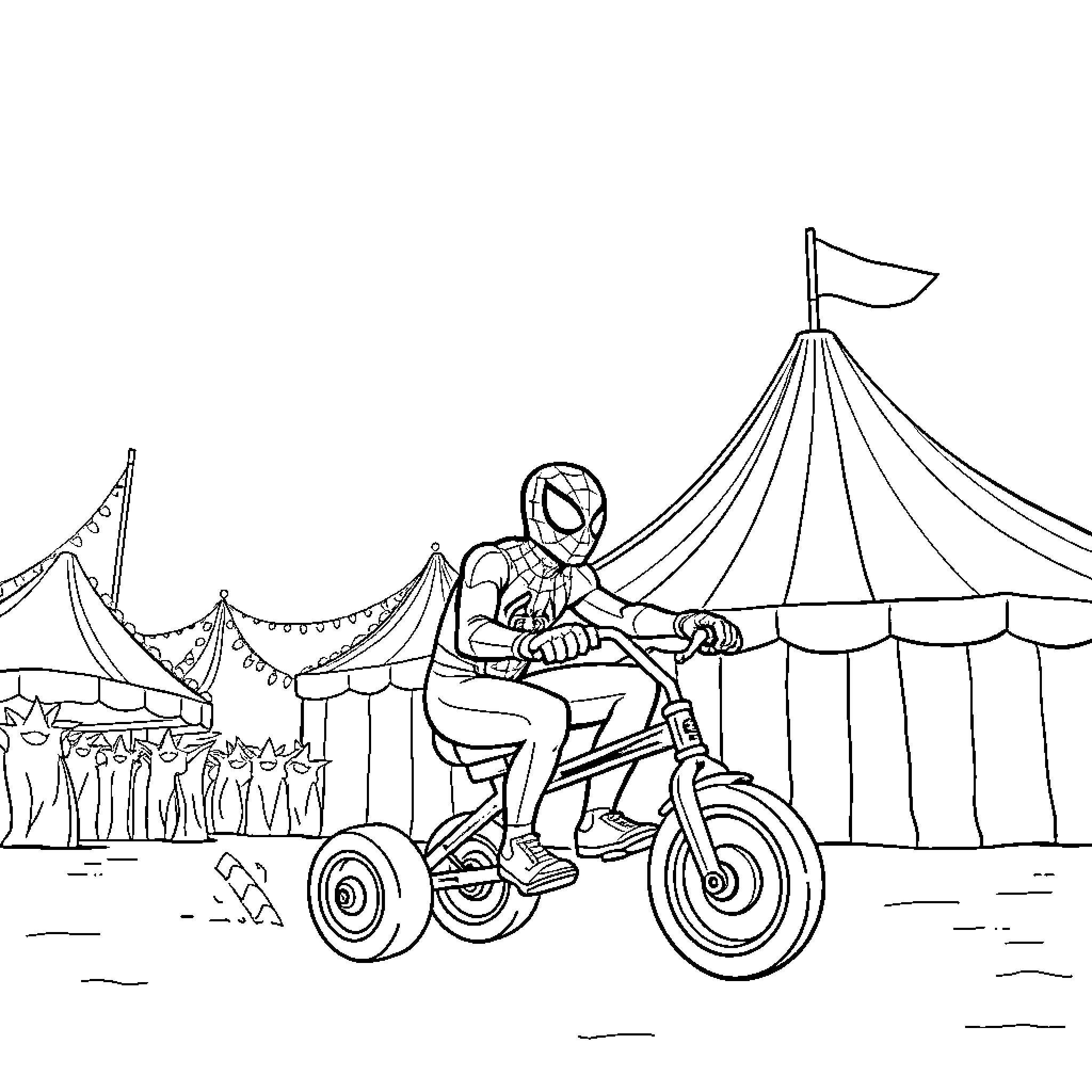 Spider-Man rides tricycle at the circus Coloring Page (free black-and-white line drawing printable PDF for all, from beginners to advanced learners, including children, teens, adults, and seniors)