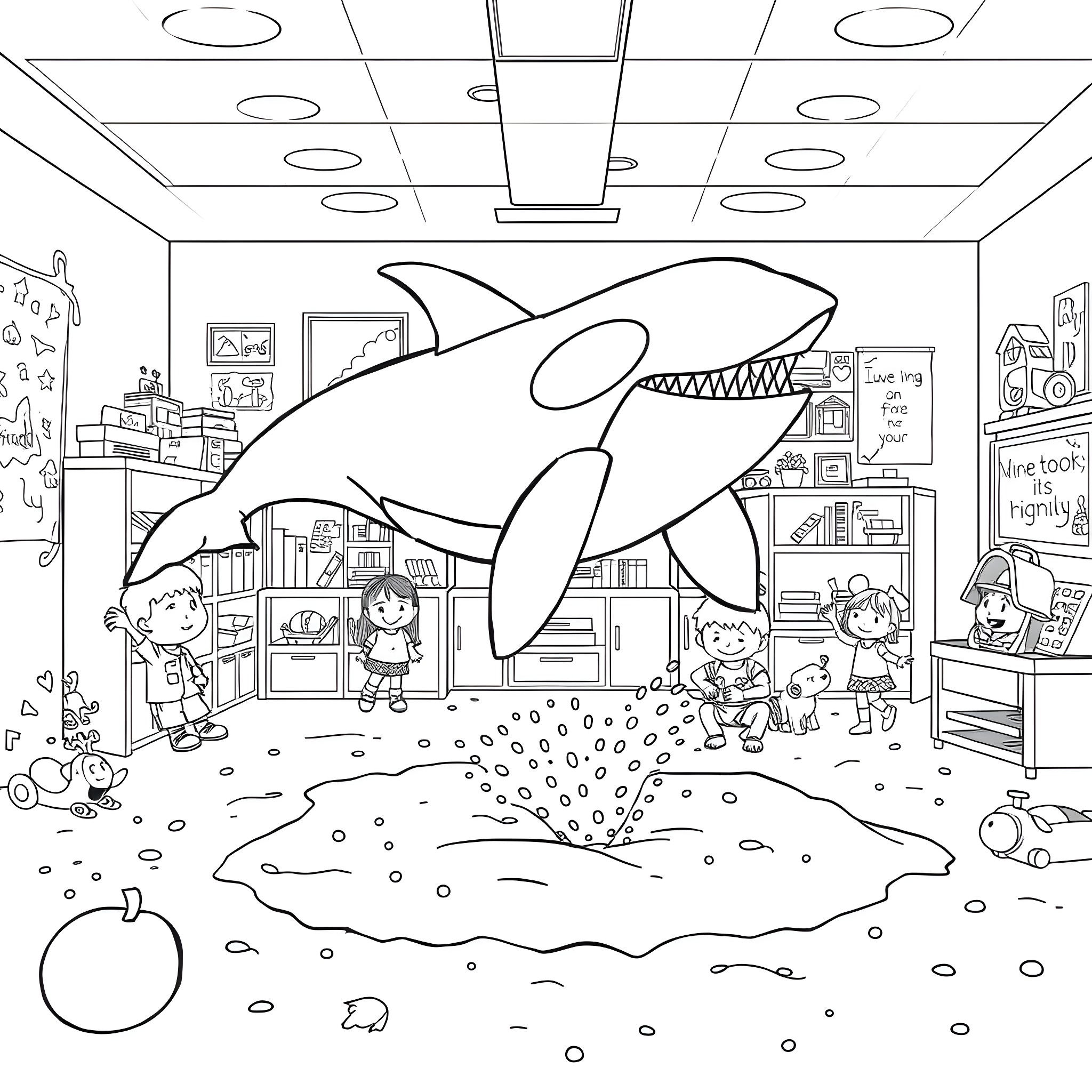 Killer Whale Interacting with Children in a Classroom Coloring Page (free black-and-white line drawing printable PDF for all, from beginners to advanced learners, including children, teens, adults, and seniors)
