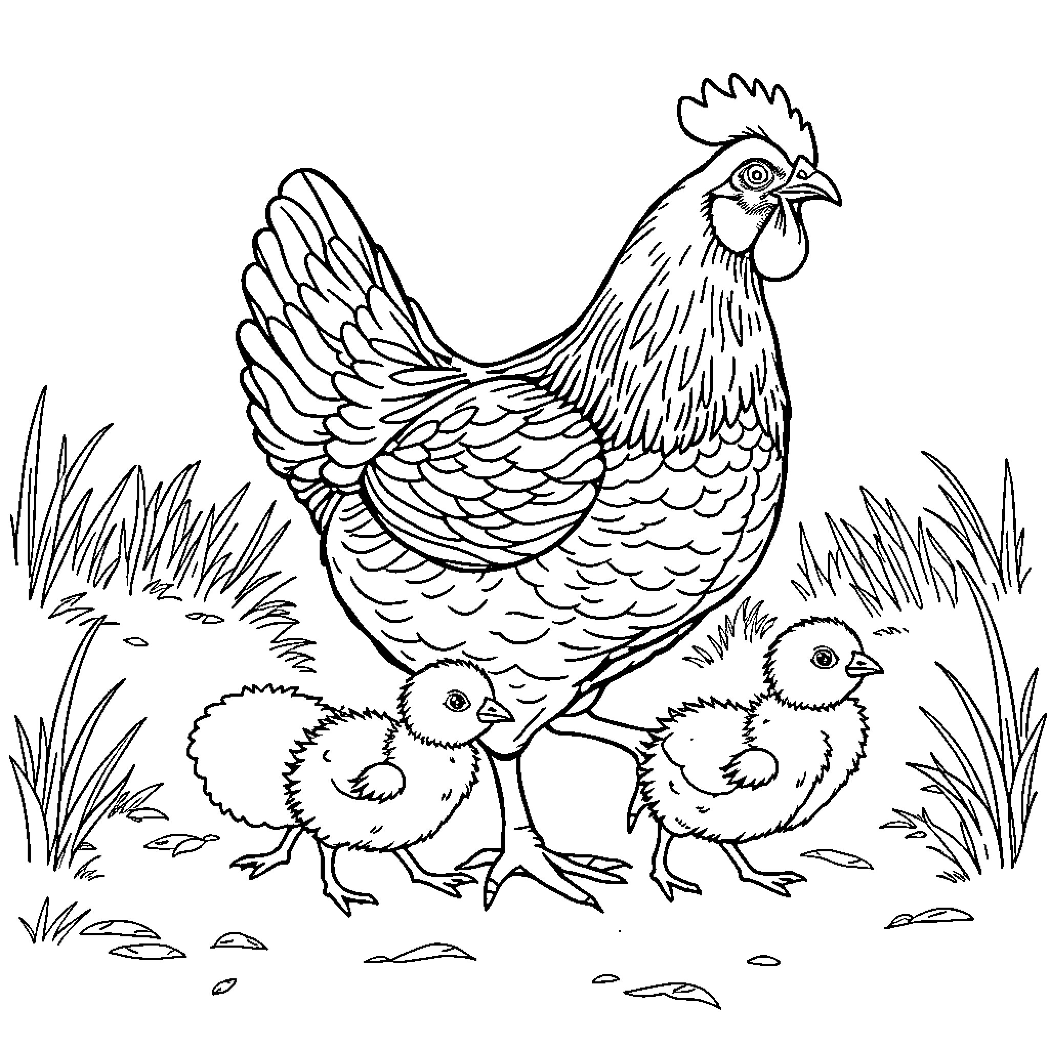 Chicken and her chicks in the grass Coloring Page (free black-and-white line drawing printable PDF for all, from beginners to advanced learners, including children, teens, adults, and seniors)