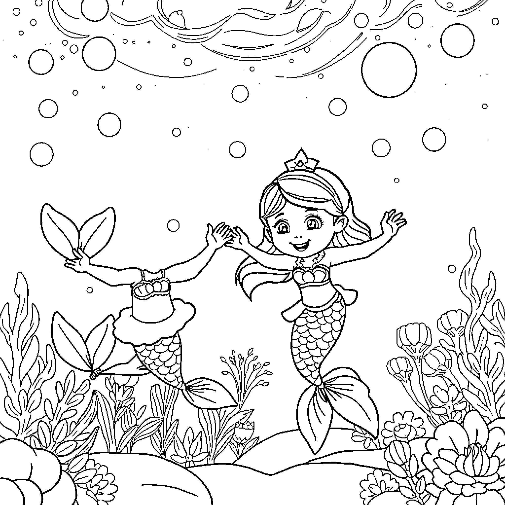 Masha the Mermaid Playing in the Underwater Wonderland Coloring Page (free black-and-white line drawing printable PDF for all, from beginners to advanced learners, including children, teens, adults, and seniors)