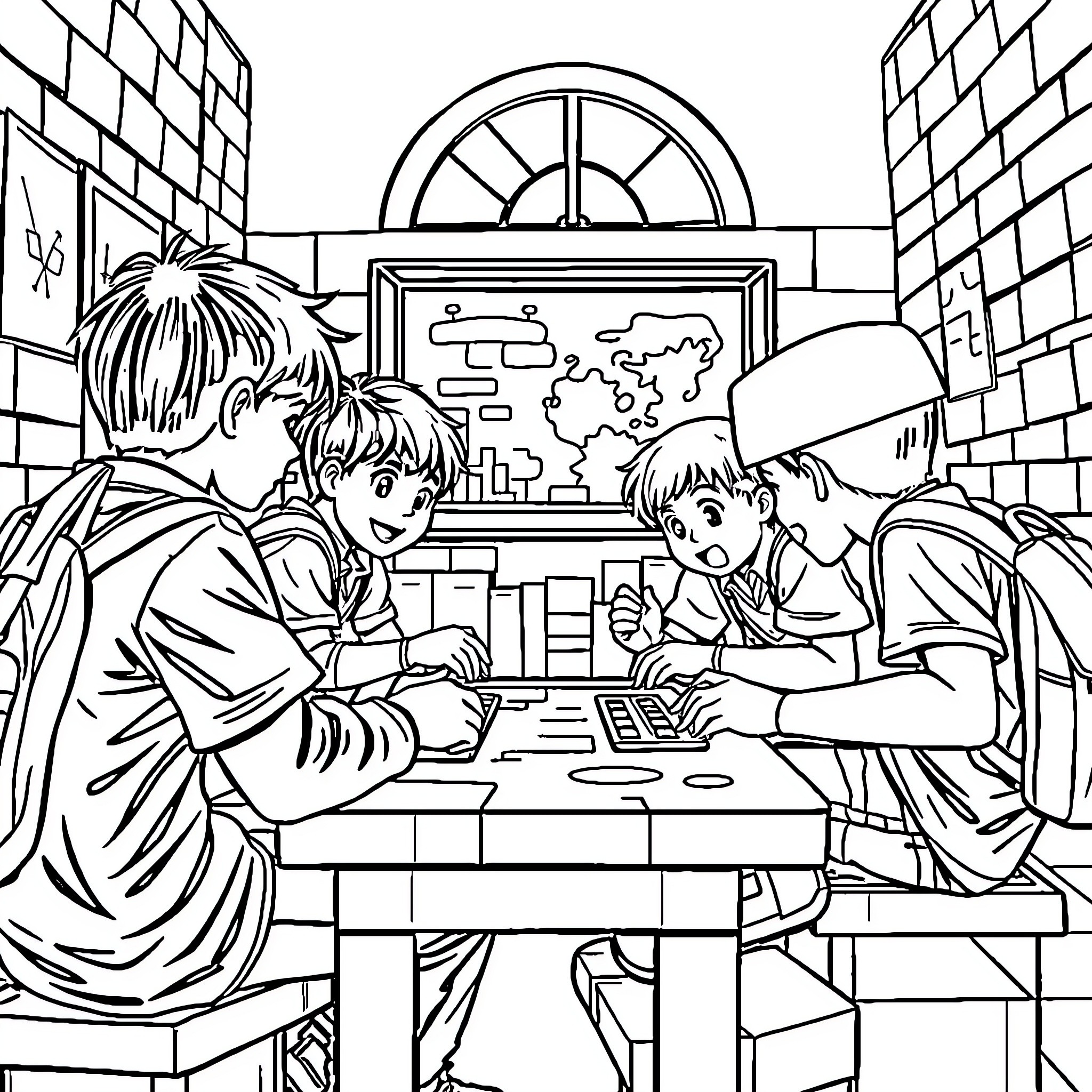 Minecraft students studying maps and computers in classroom Coloring Page (free black-and-white line drawing printable PDF for all, from beginners to advanced learners, including children, teens, adults, and seniors)