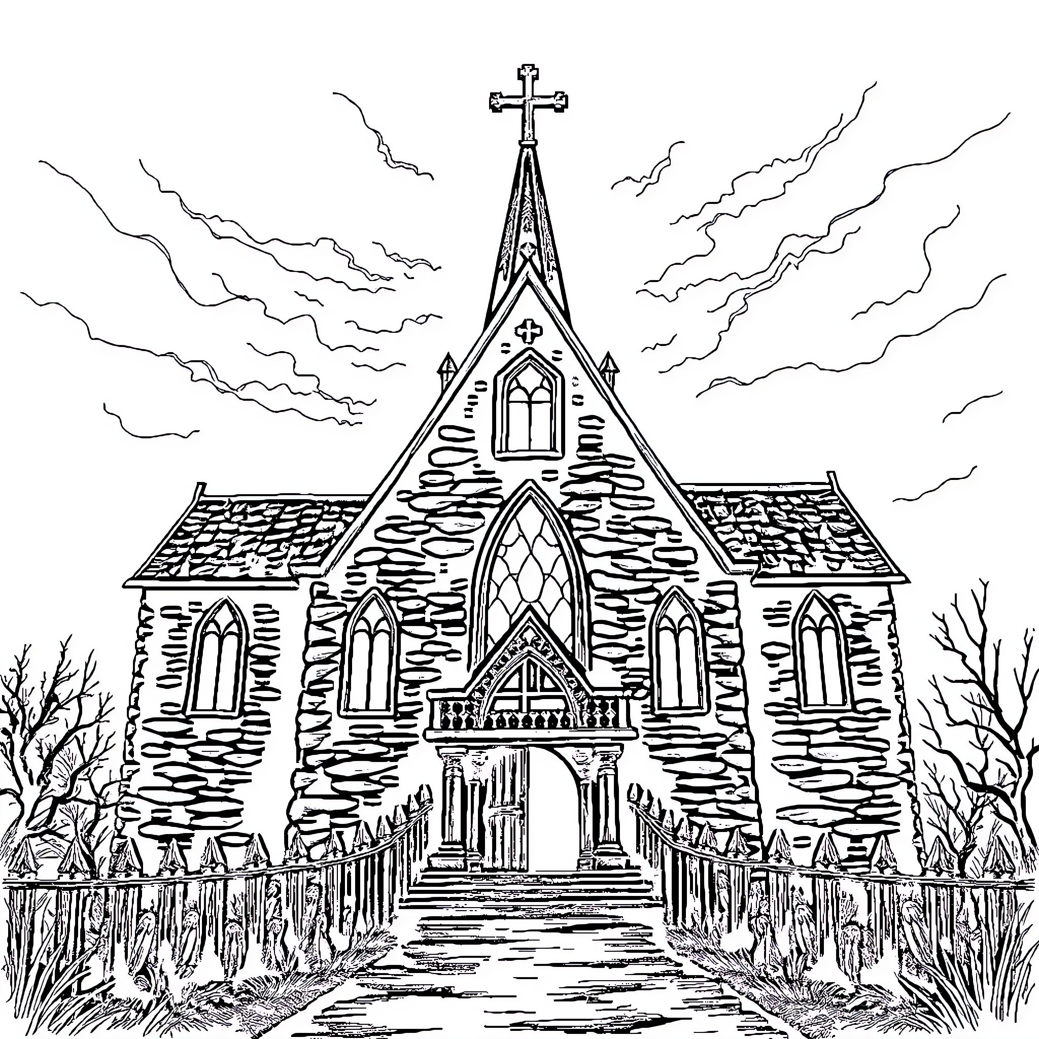 Church with Gothic Architecture and Spire Coloring Page (free black-and-white line drawing printable PDF for all, from beginners to advanced learners, including children, teens, adults, and seniors)