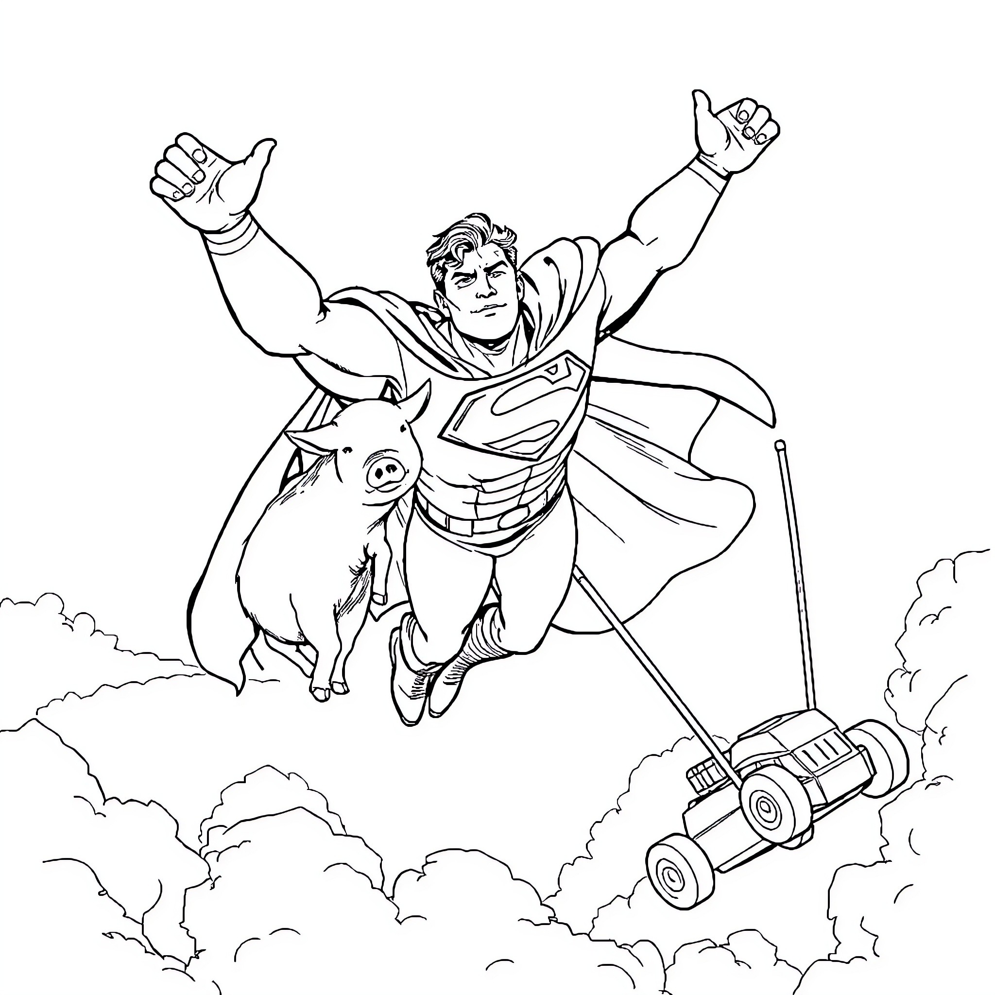 Superman flying heroically with a pig companion Coloring Page (free black-and-white line drawing printable PDF for all, from beginners to advanced learners, including children, teens, adults, and seniors)