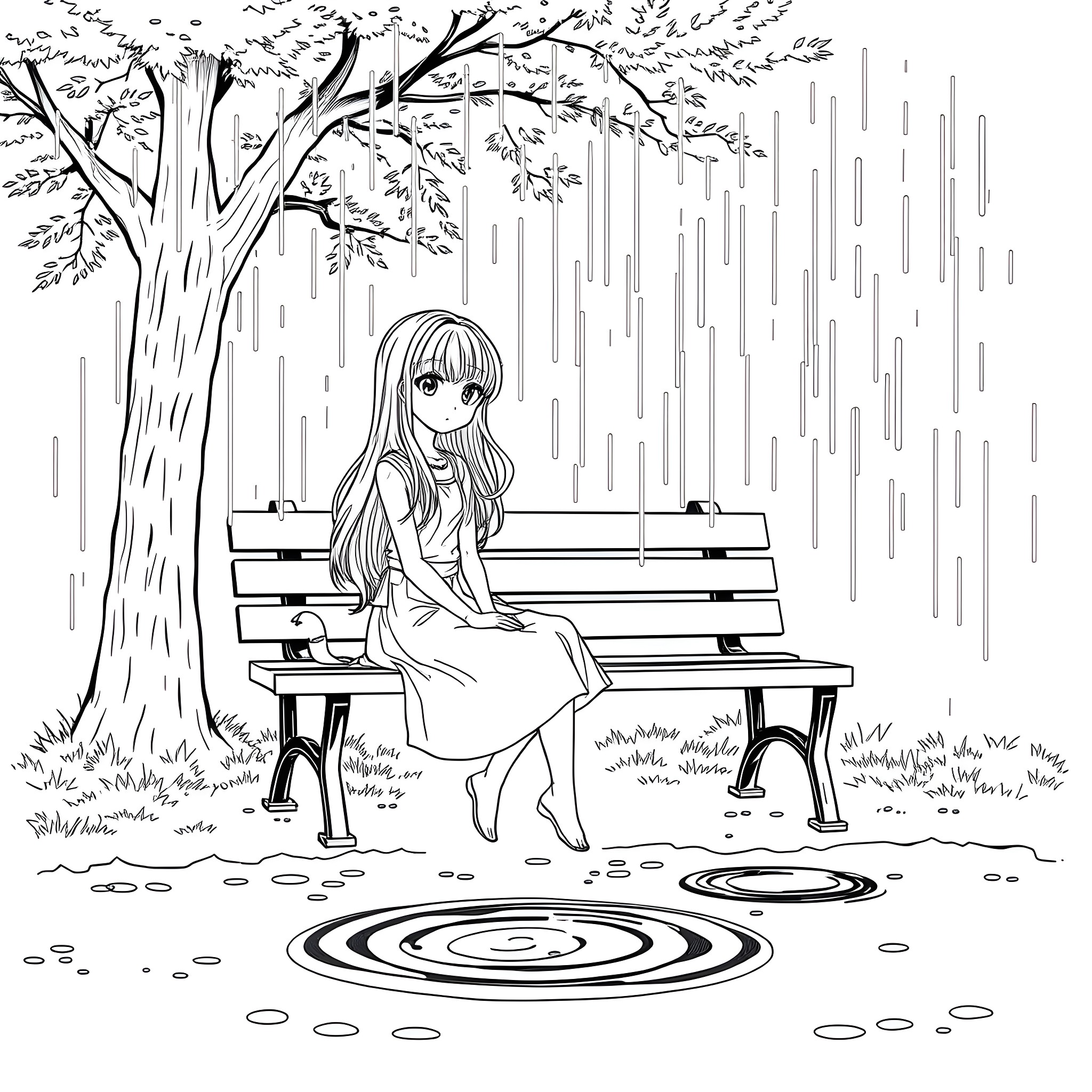 Anime Girl sitting alone on a bench in the rain Coloring Page (free black-and-white line drawing printable PDF for all, from beginners to advanced learners, including children, teens, adults, and seniors)