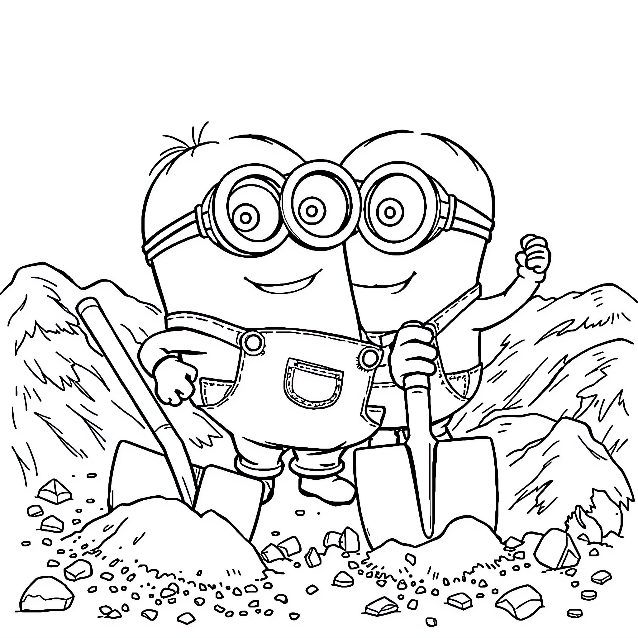Minion Digging Joyfully in the Wilderness Coloring Page (free black-and-white line drawing printable PDF for all, from beginners to advanced learners, including children, teens, adults, and seniors)